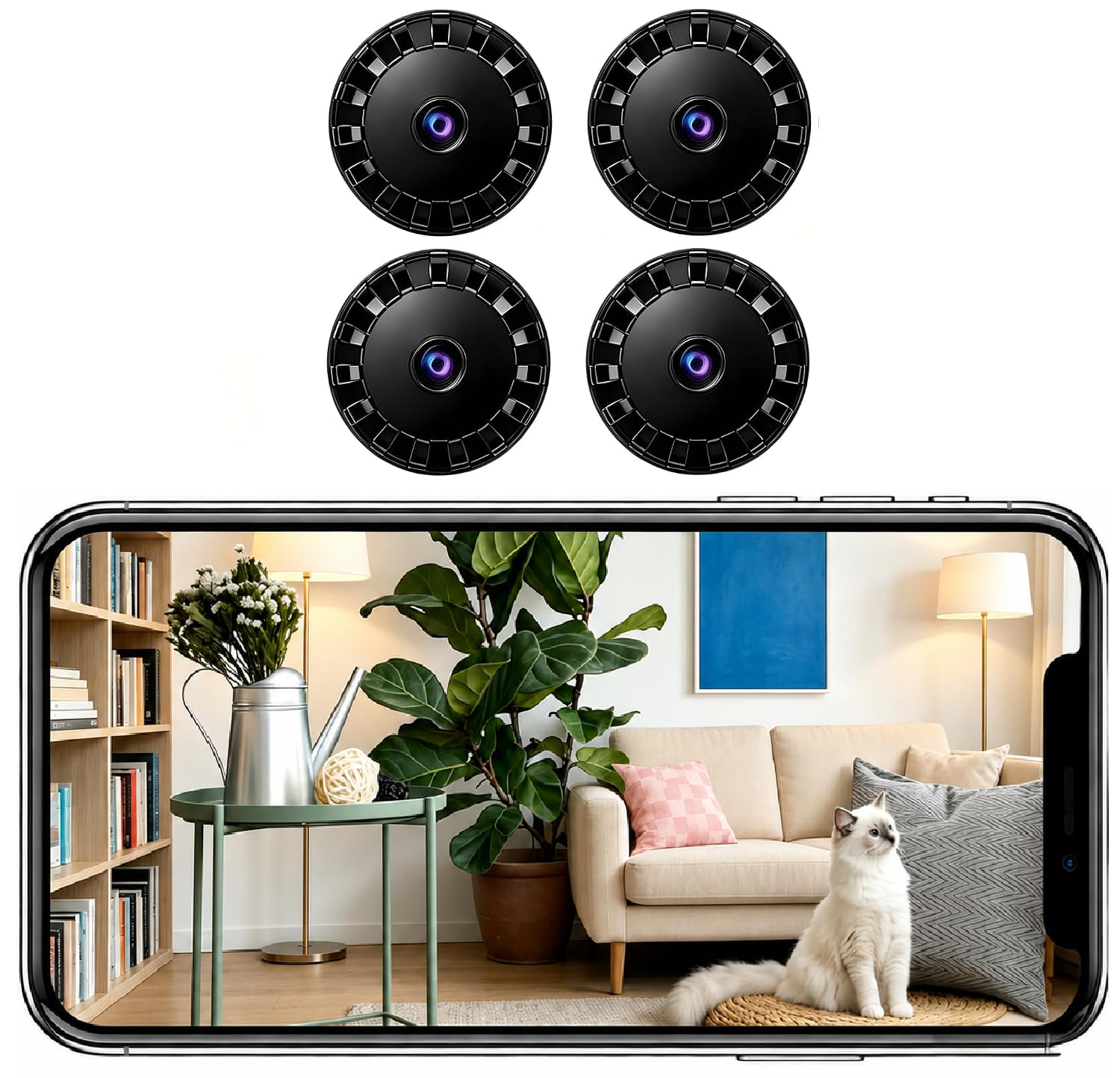 Mini Cámara de Seguridad WiFi, 2026 Mejorada Cámara Oculta para Uso Doméstico, HD 1080P con Visión Nocturna Interior/Exterior para Bebés, Mascotas, Compatible Teléfonos Inteligentes (Black, 4 pieza)