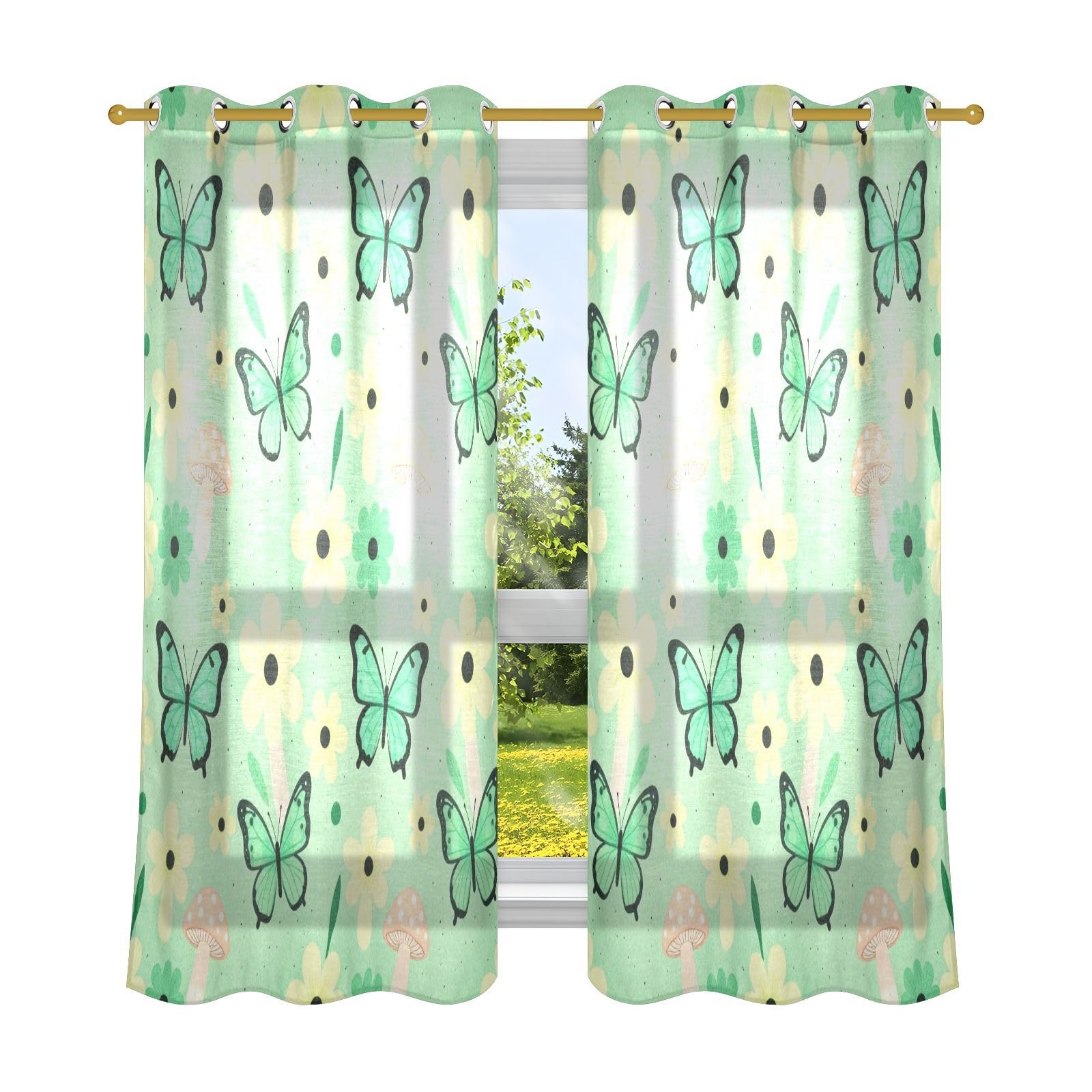 Cortinas decorativas opacas con flores verdes, mariposas, hongos, cortinas para oscurecer la habitación, 160 cm de largo, 2 paneles