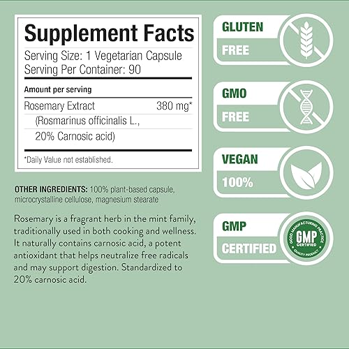 Miniatura 3 de Nature Restore Suplemento de extracto de romero, estandarizado al 20 por ciento de ácido carnósico, 90 cápsulas, fabricado en Estados Unidos, sin