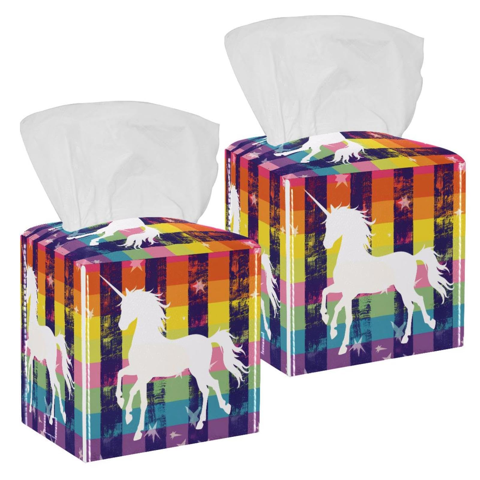Unicorn Rainbow Tissue Box Cover, 2 Pack PU Leather Square Facial Tissue Dispenser Box holder for Home Office Car