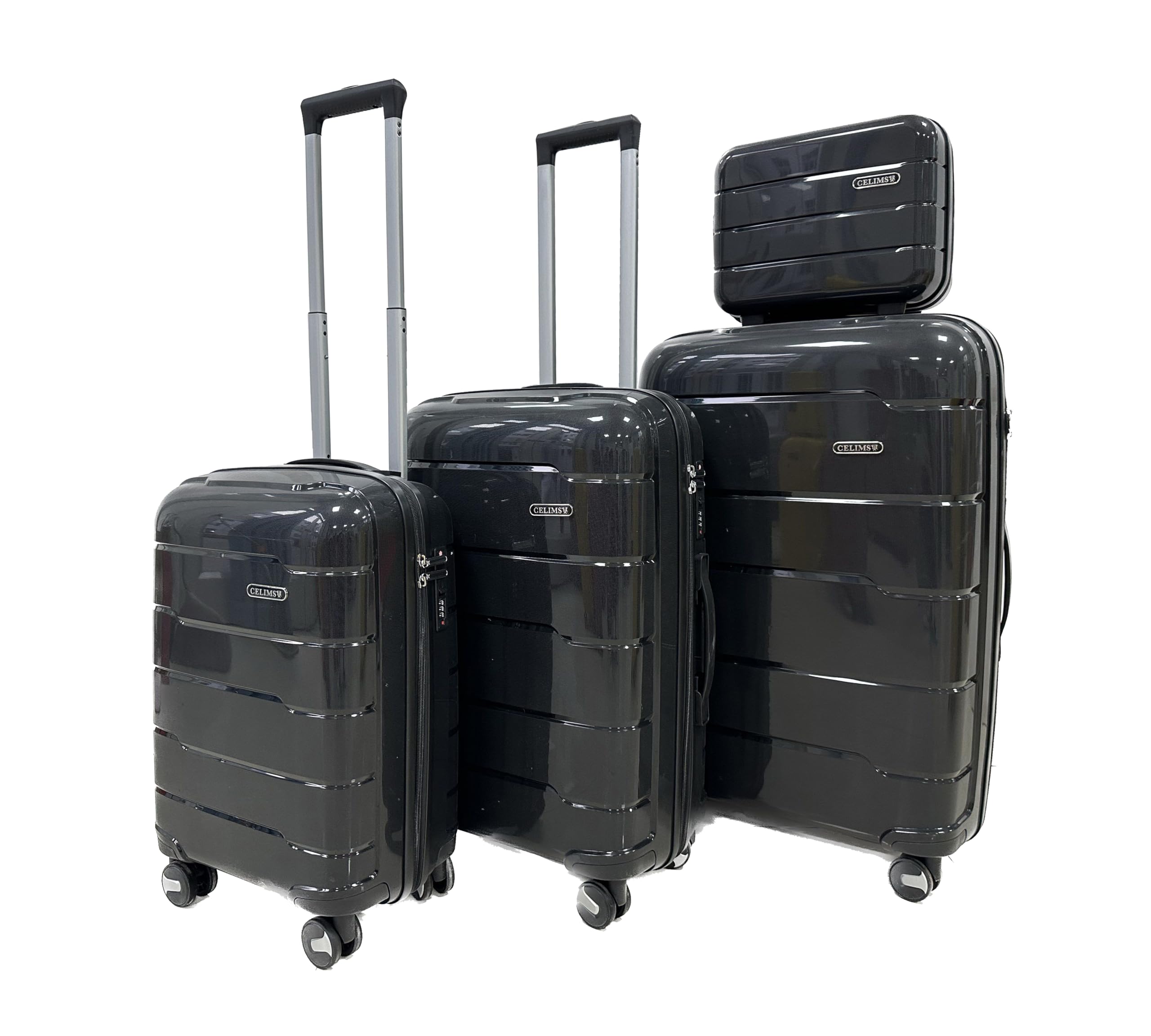 CELIMS - Set Valigie in Polipropilene Nero 4 pezzi | Valigia Cabina + Valigia Media + Valigia Grande Dimensione + Vanity | Eleganza e Funzionalità