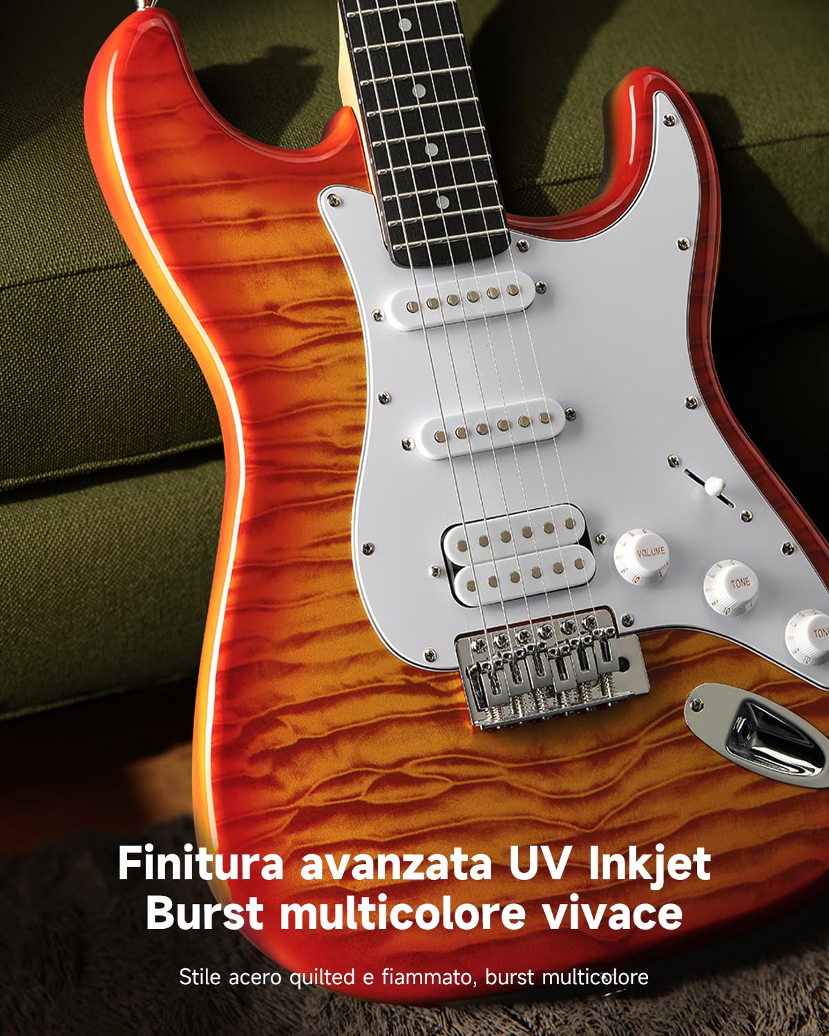 Donner DST-90 Chitarra Elettrica 39 Pollici, Kit Chitarra Elettrica per Principianti con Amplificatore, Pickup HSS, Custodia, Accordatore, Capotasto, Tracolla, Corde, Cavo e Plettri, Icetea Burst