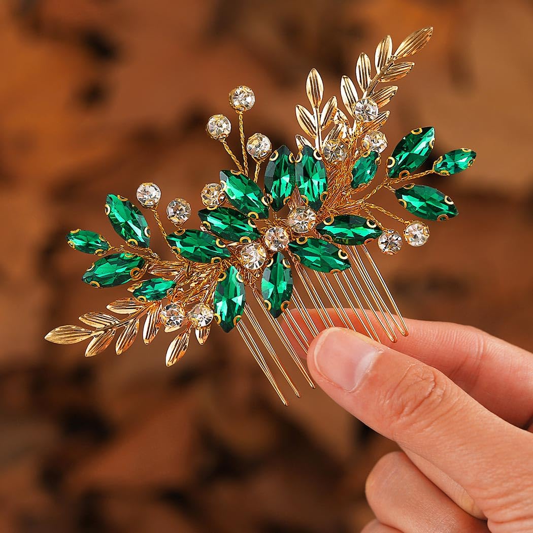 Zoestar Peineta para el pelo de novia con diseño de hoja de diamantes de imitación dorados y cristales para mujeres y niñas