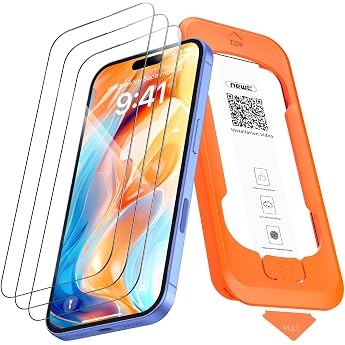 New'C Screen Protector for iPhone 16, iPhone 15 for Tempered Glass with Mounting Aid | 3 St&uuml;ck, Transparent, 6,1 Zoll, Montag