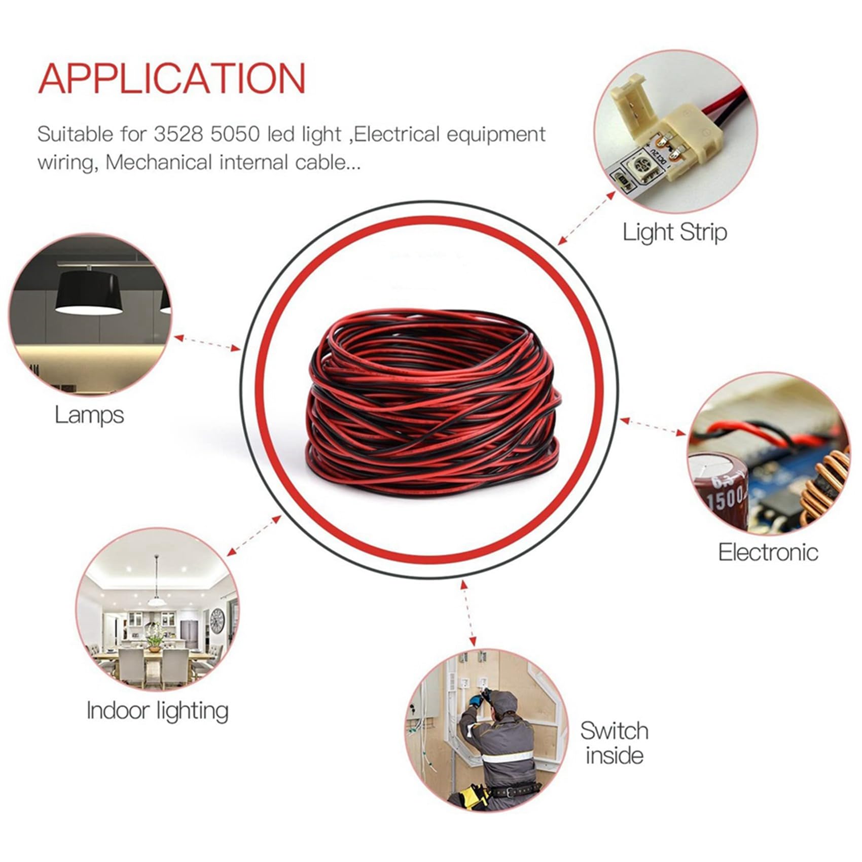 2X 2Pin Draht 100M 22AWG 12V/24V VerläNgerung Kabel Rot und Schwarz 2-Adriges Verzinntes Kupfer LED Licht Leiste Power Netzkabel