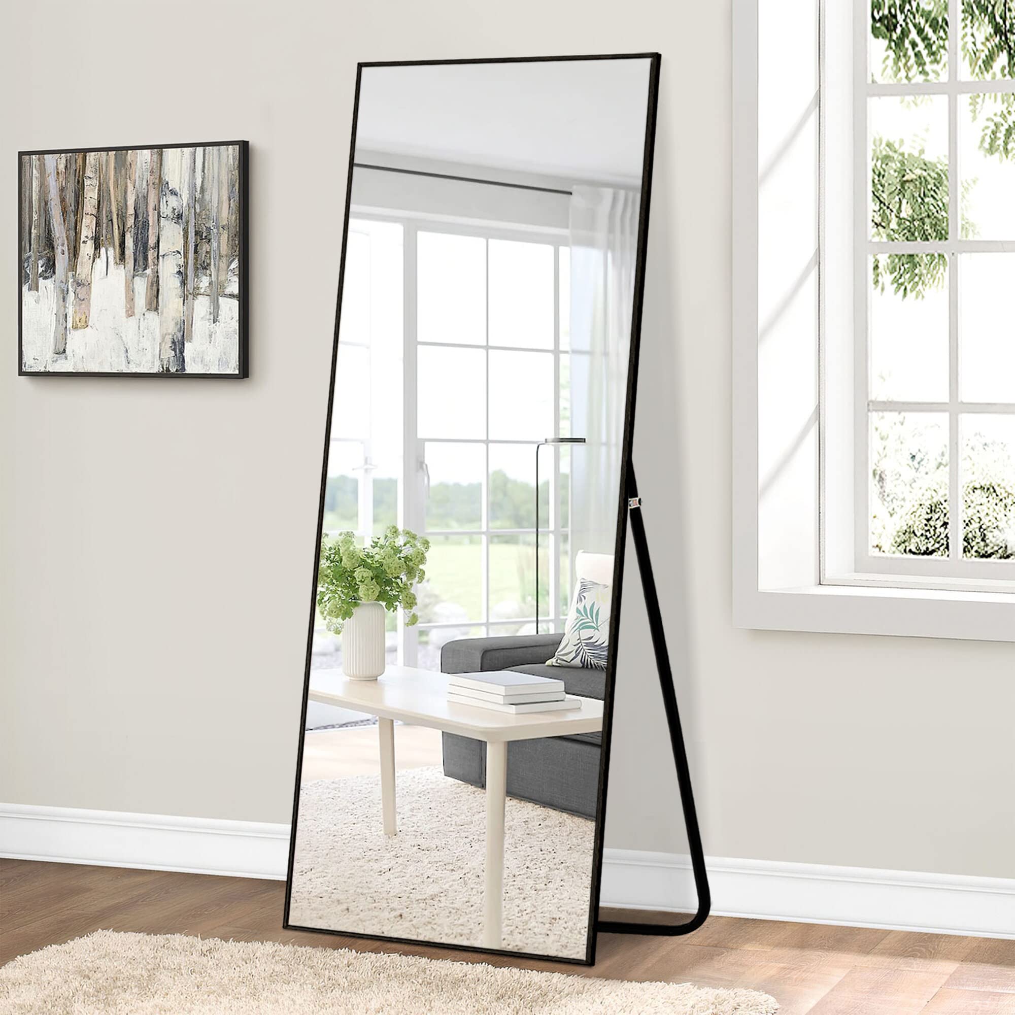 NeuType 55"x16" Full Length Mirror with Standing Holder Aluminum Alloy Frame Floor Mirror Wall-Mounted Mirror for Living Room, Bedroom, Hanging or Leaning Against Wall, Black (with Stand)