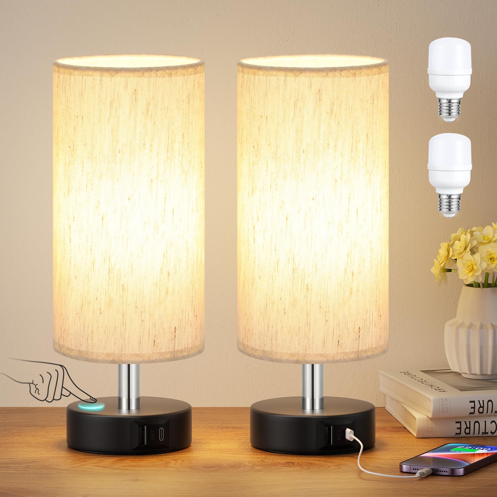 Small Table Lamps for Bedroom set of 2 - Touch Lamps with 3 Way Dimmable