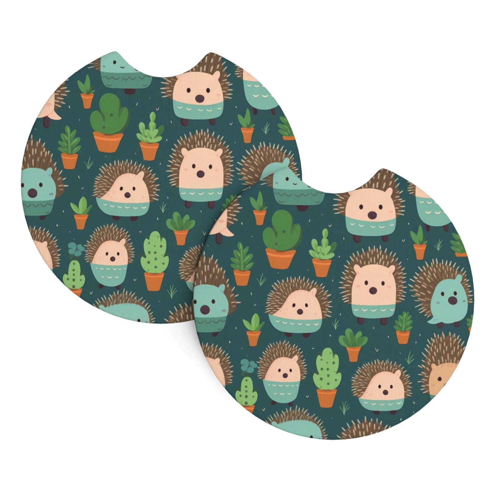 Hedgehogs Cactus Printed Two Sets of Anti Slip and Waterproof Beverage mats for General Purpose car Coasters
