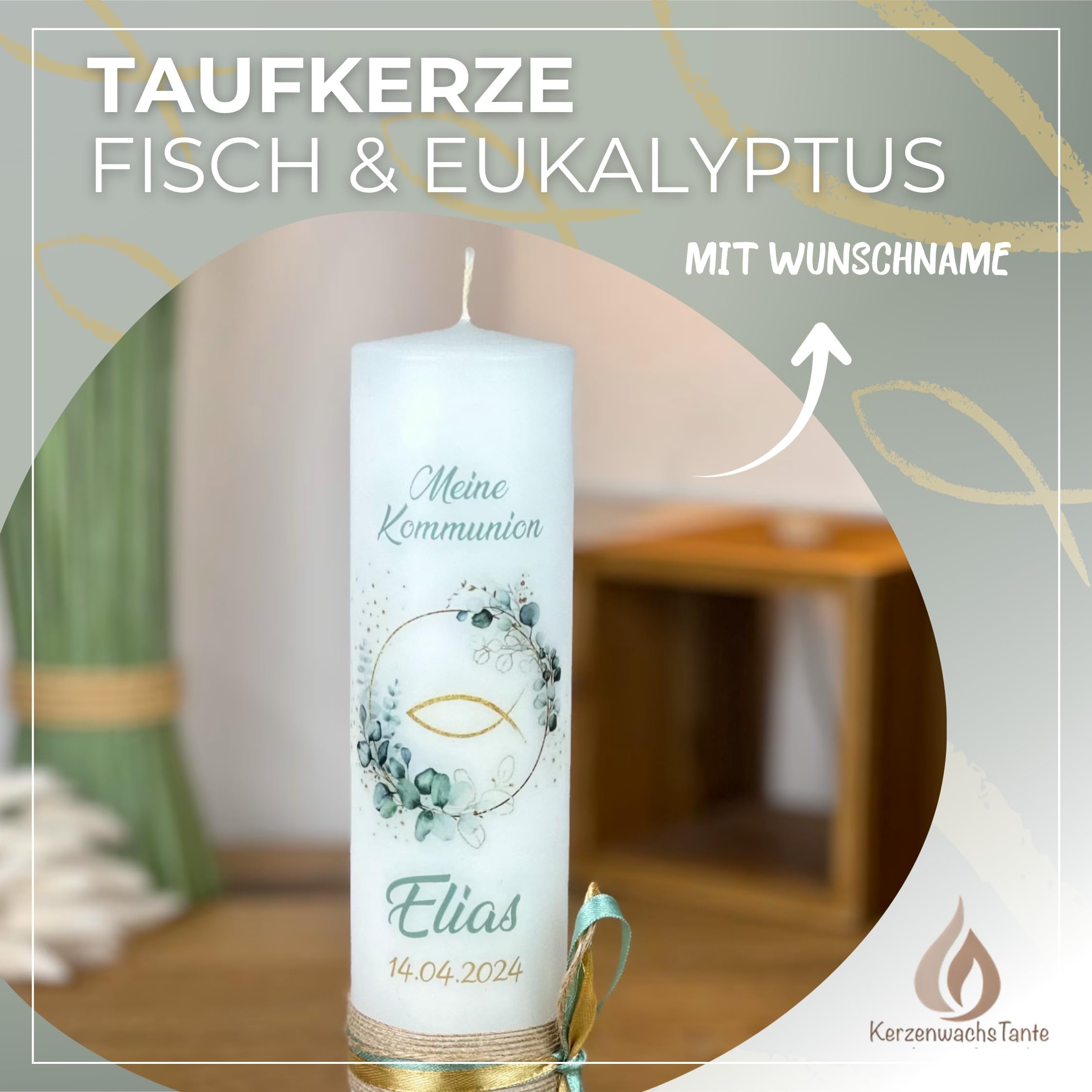 Taufkerze Kommunionkerze Eukalyptus Fisch Elias 25x6cm – Wunschname Personalisierbar – Geschenk zur Taufe für Jungen & Mädchen – Handarbeit mit Schleife – gold-salbei