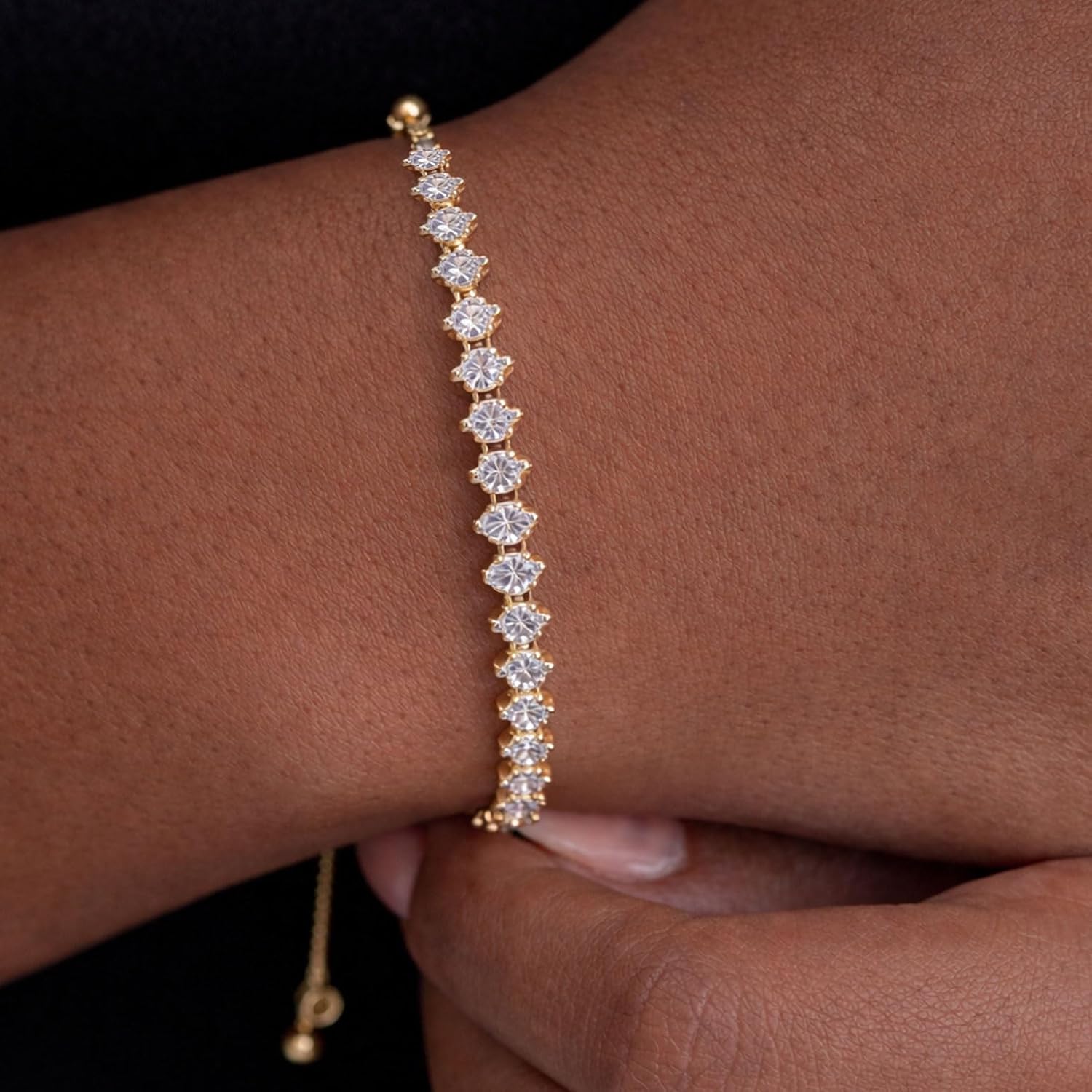 SWEET PEEPS 18K Gold Dipped CZ Tennis Bracelet for Women, Marquise Cut Cubic Zirconia Adjustable Bracelet, Dainty Gold Jewelry for Everyday Wear - Image 8