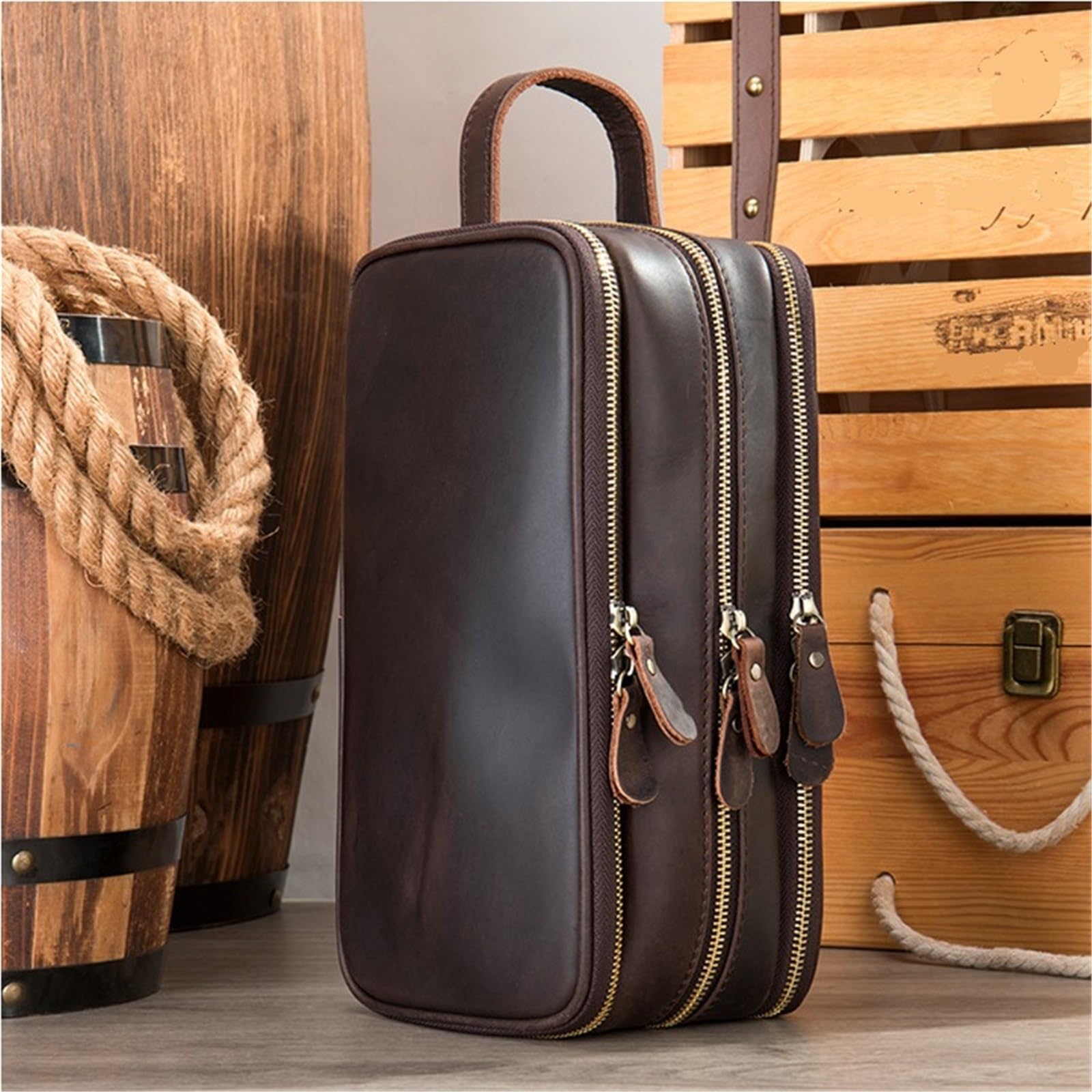 Neceser de Maquillaje Bolsa de cosméticos Cuero for Hombres y Mujeres, Maquillaje, Lavado portátil, Estuche Ducha, Bolso Mano, artículos tocador Viaje(1 Dark Brown)