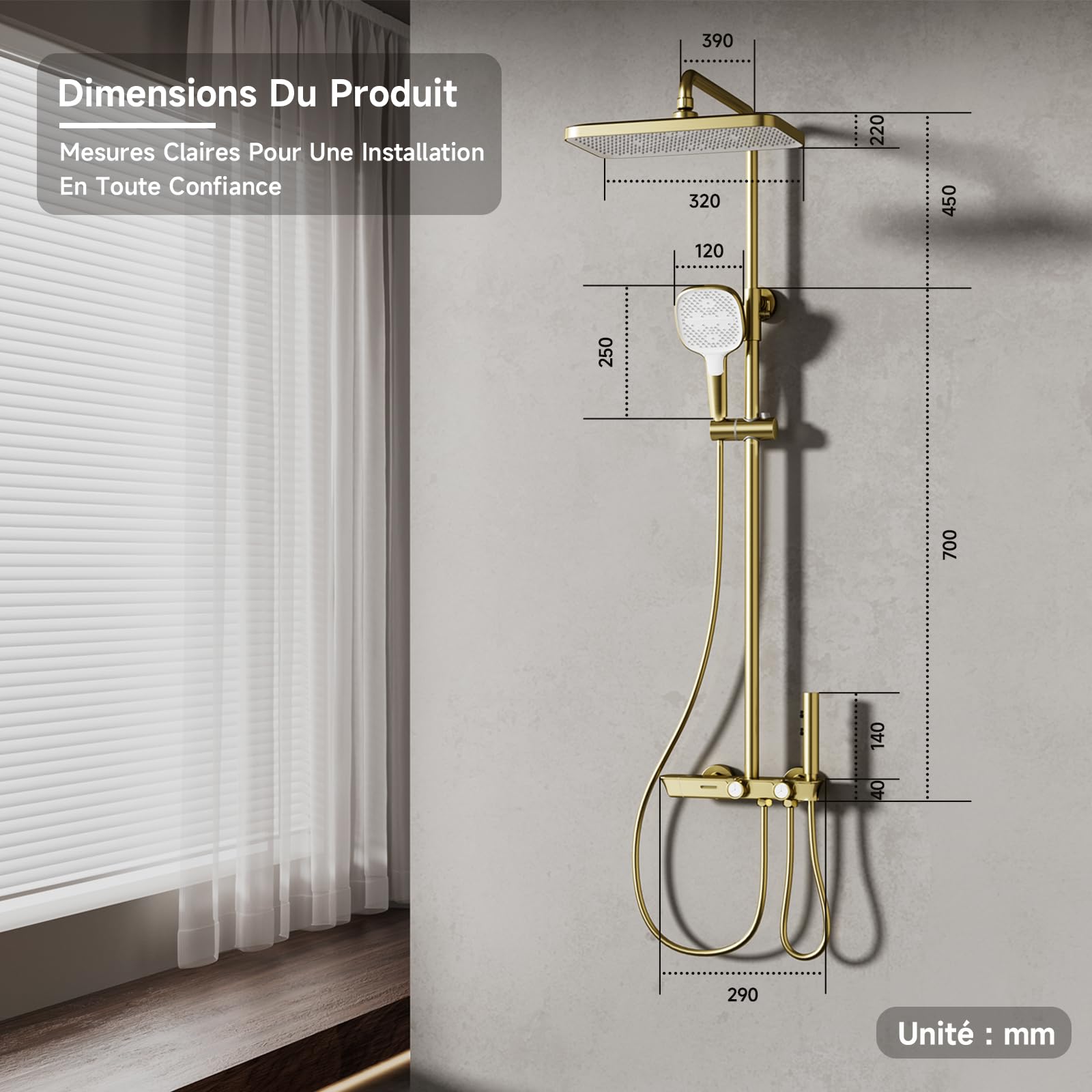Colonne de douche, colonne de douche thermostatique en or brossé | Ensemble de colonne douche 4-en-1, grande pomme de douche à effet pluie 320 × 220 mm, douche à effet pluie avec accessoires