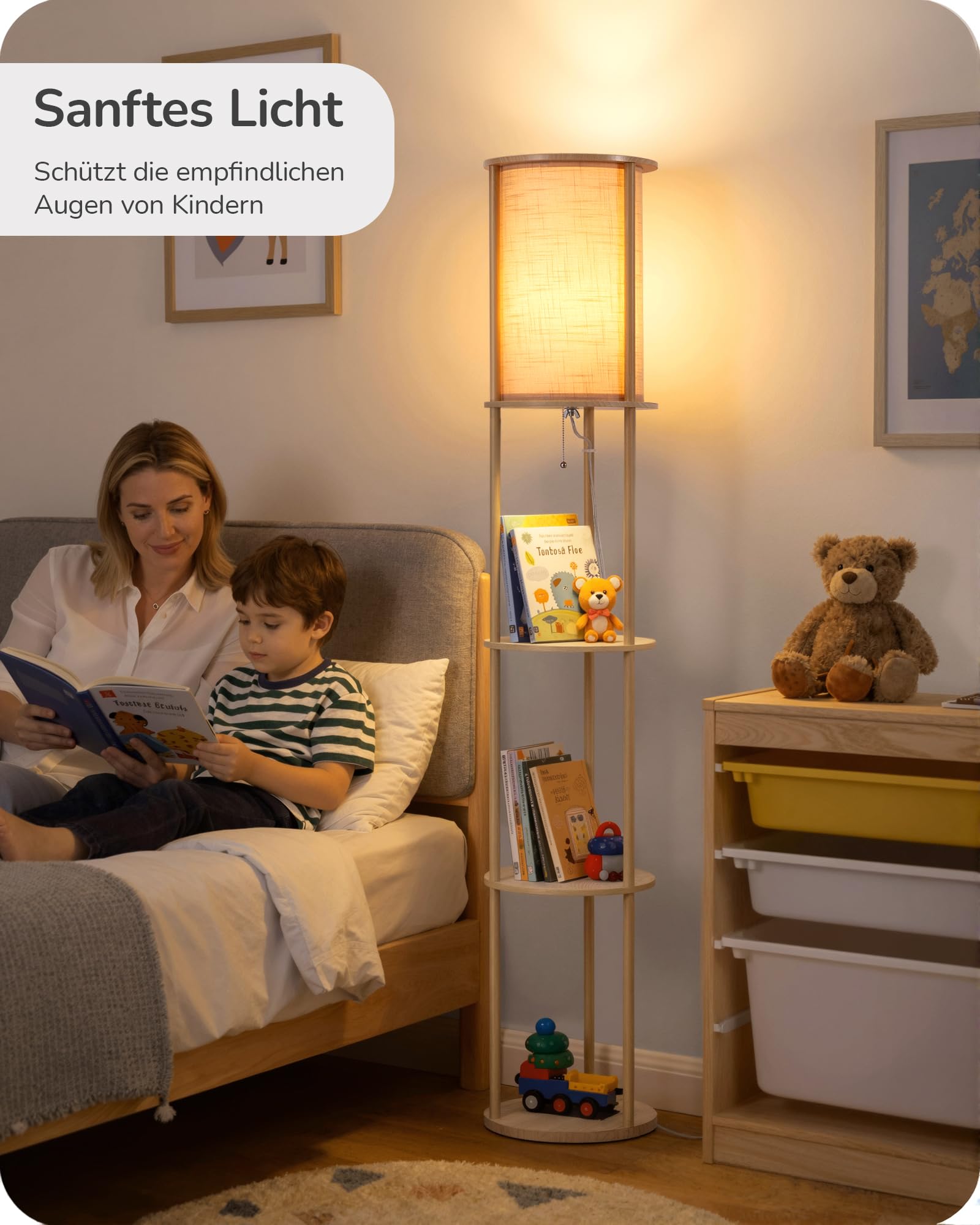 EDISHINE LED Stehlampe mit Regal und Leinenschirm, 2700 Warmweiß