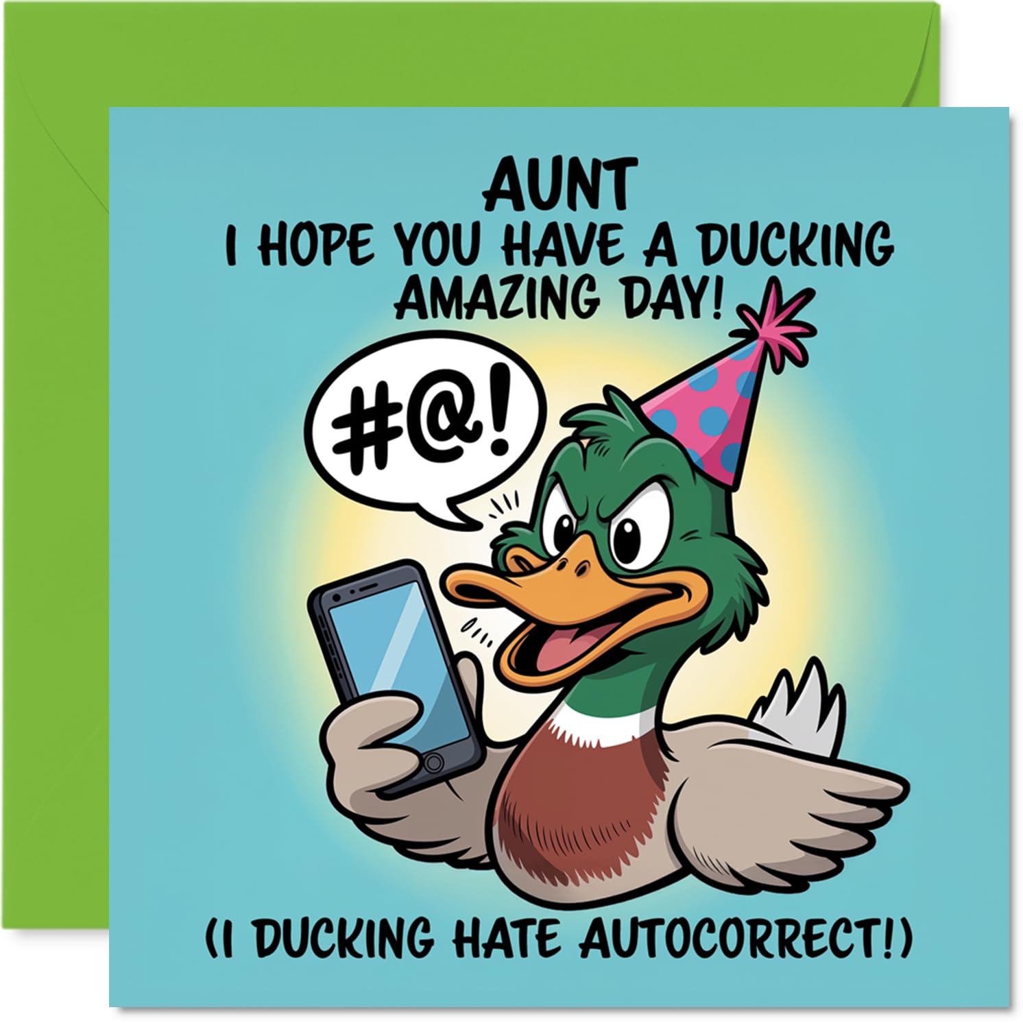 Aunt Birthday Card - Ducking Amazing - Happy Birthday Card for Aunt from Nephew Niece, 145mm Autocorrect Joke, Cartoon Duck with Phone Bday Greeting Cards