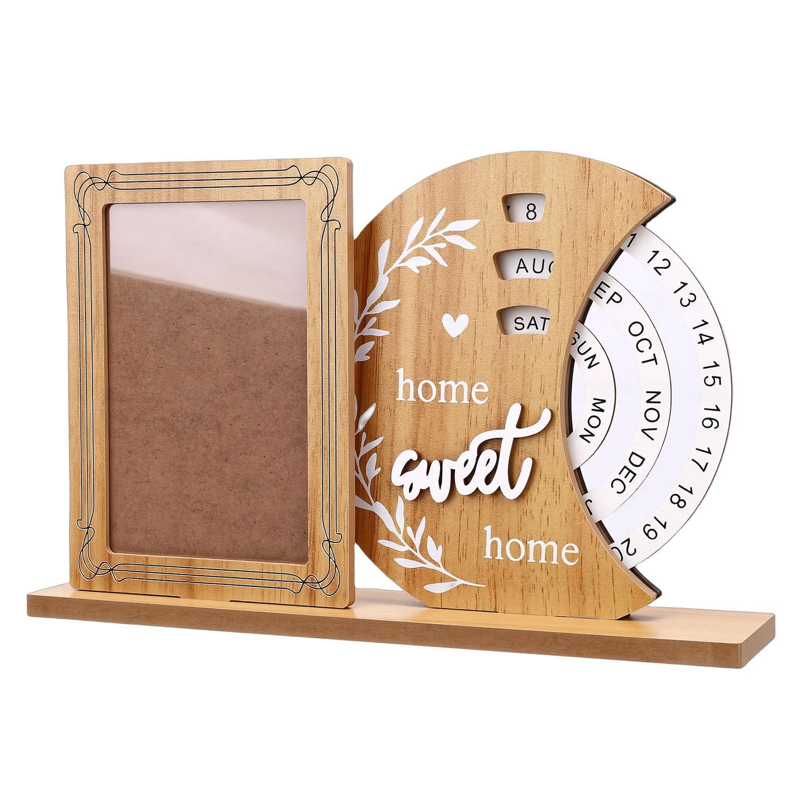 Pissente Perpetual Calendar Picture Frame, Rotating Wooden Photo Display with Customizable Insert for Home Office Desk Decor and (Moon)
