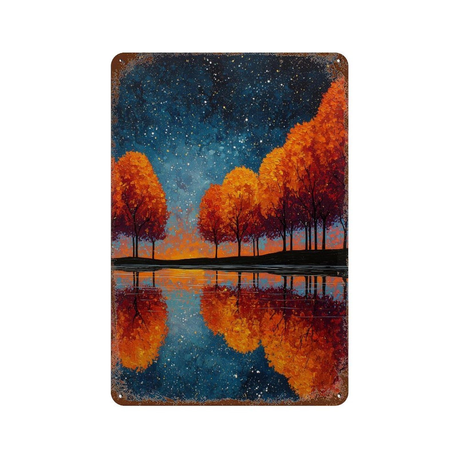 Autumn Reflections Landscape Rust Effect Tin Sign 11.8"x7.9", Ideal for Cafe, Home Bar And Lounge Decor