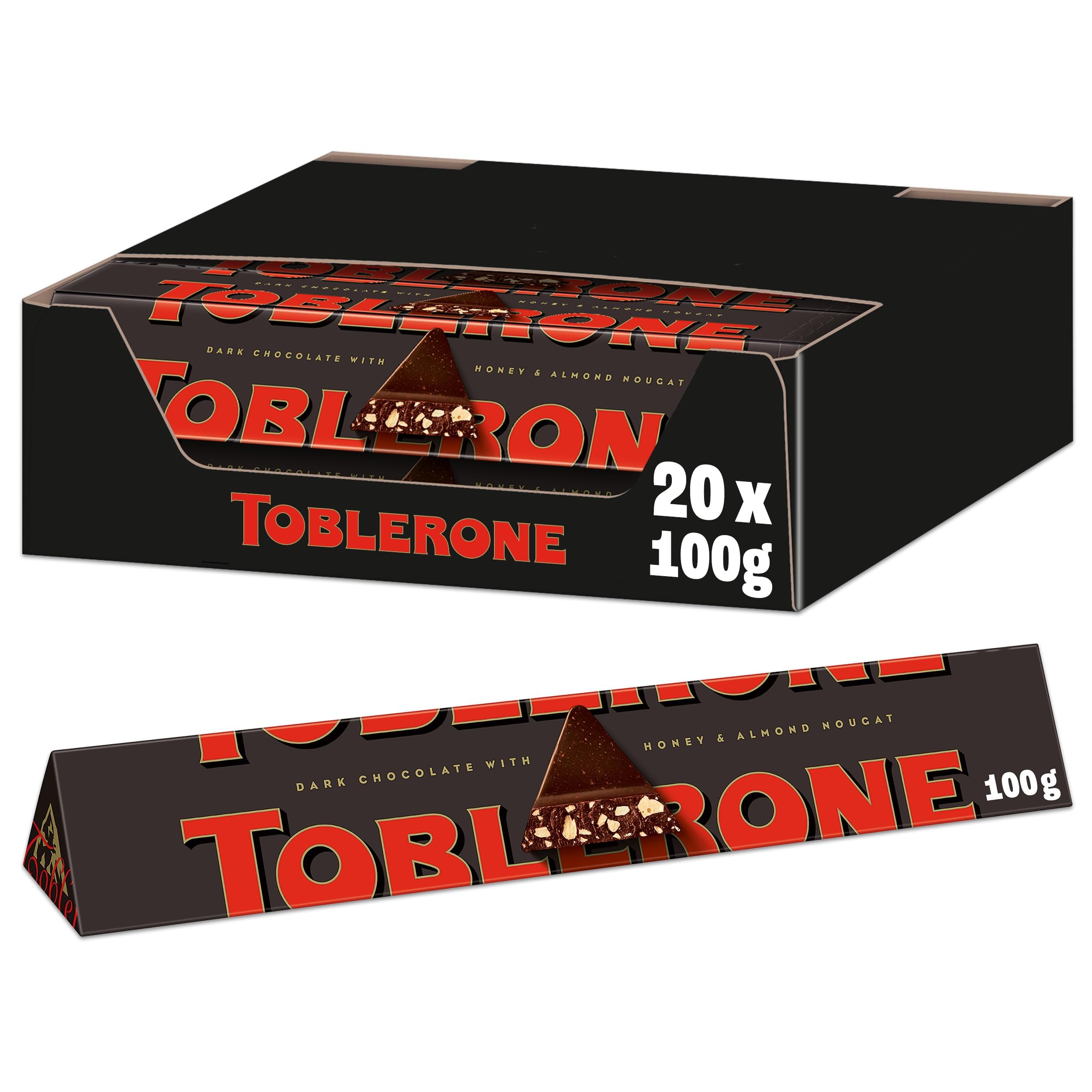 Toblerone Dunkel Zartbitterschokolade mit Honig & Mandel-Nougat, 20 x 100 g | Genießen Sie luxuriöse Zartbitterschokolade mit Honig, Mandel-Nougat, einzeln verpackt für Frische