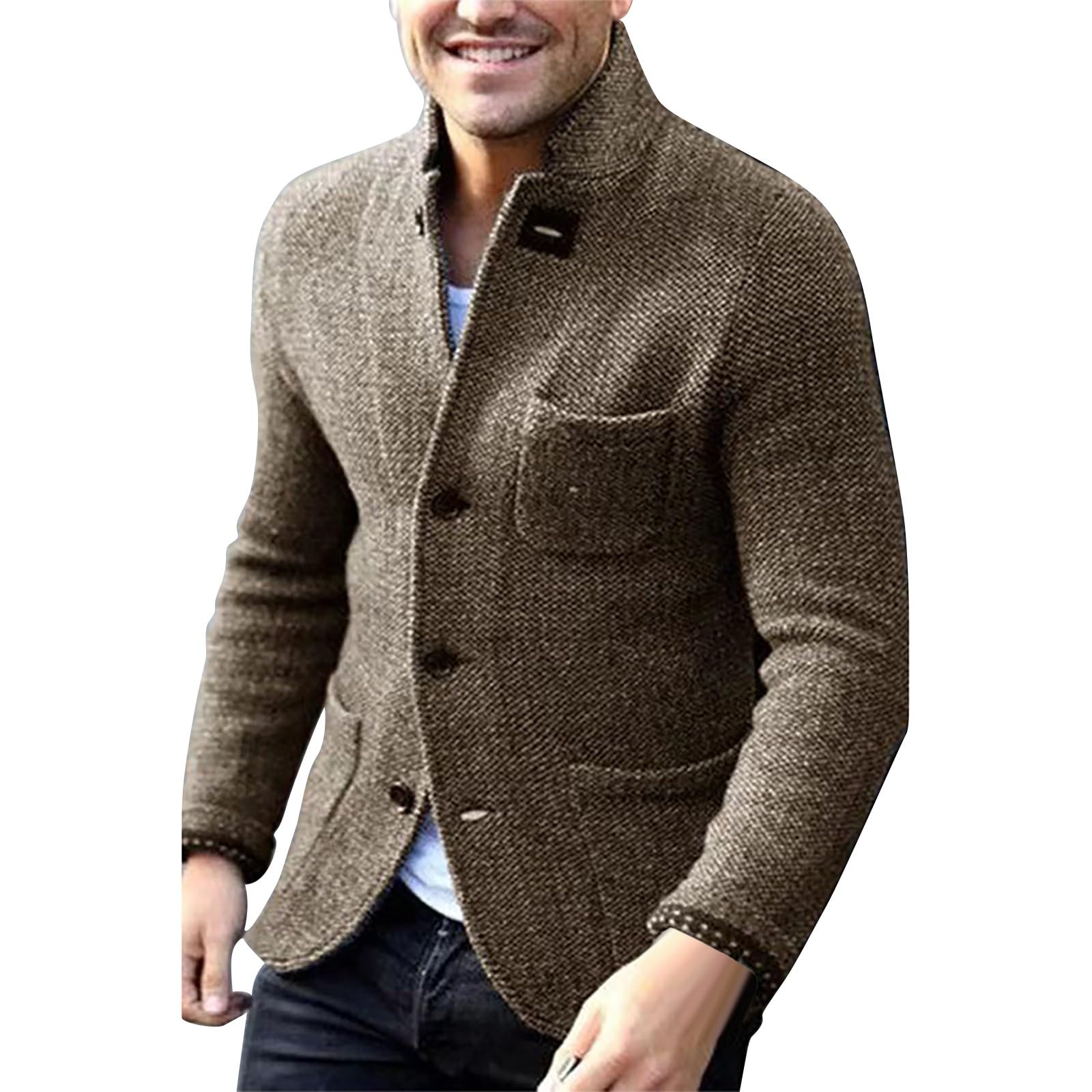 Suéter tipo cárdigan con cuello de chal para hombre, chaqueta de tweed de espiga, chaqueta de estilo británico, chaqueta de ajuste regular, chaquetas elegantes de manga larga, cárdigan suave al tacto