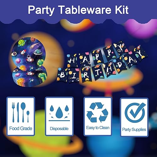 Miniatura 3 de 73 piezas de suministros para fiestas temáticas de astronautas, juego de vajilla para fiesta temática espacial, incluye pancarta de feliz