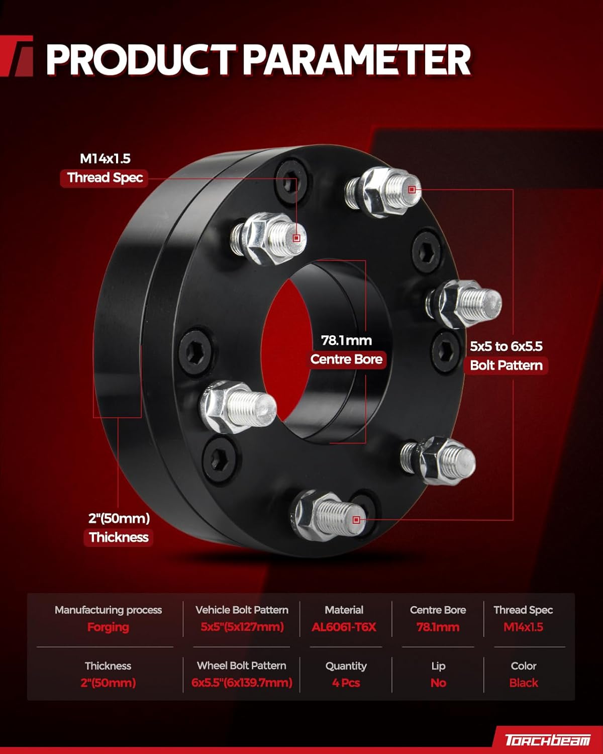 Torchbeam 5x5 to 6x5.5 Lug Wheel Adapters 2 inch with M14x1.5 Thread Pitch,78.1mm Hub Bore,4pcs Adapters for Grand Cherokee, Wrangler, C1500, Tahoe, Durango, Commander,Changes Bolt Pattern