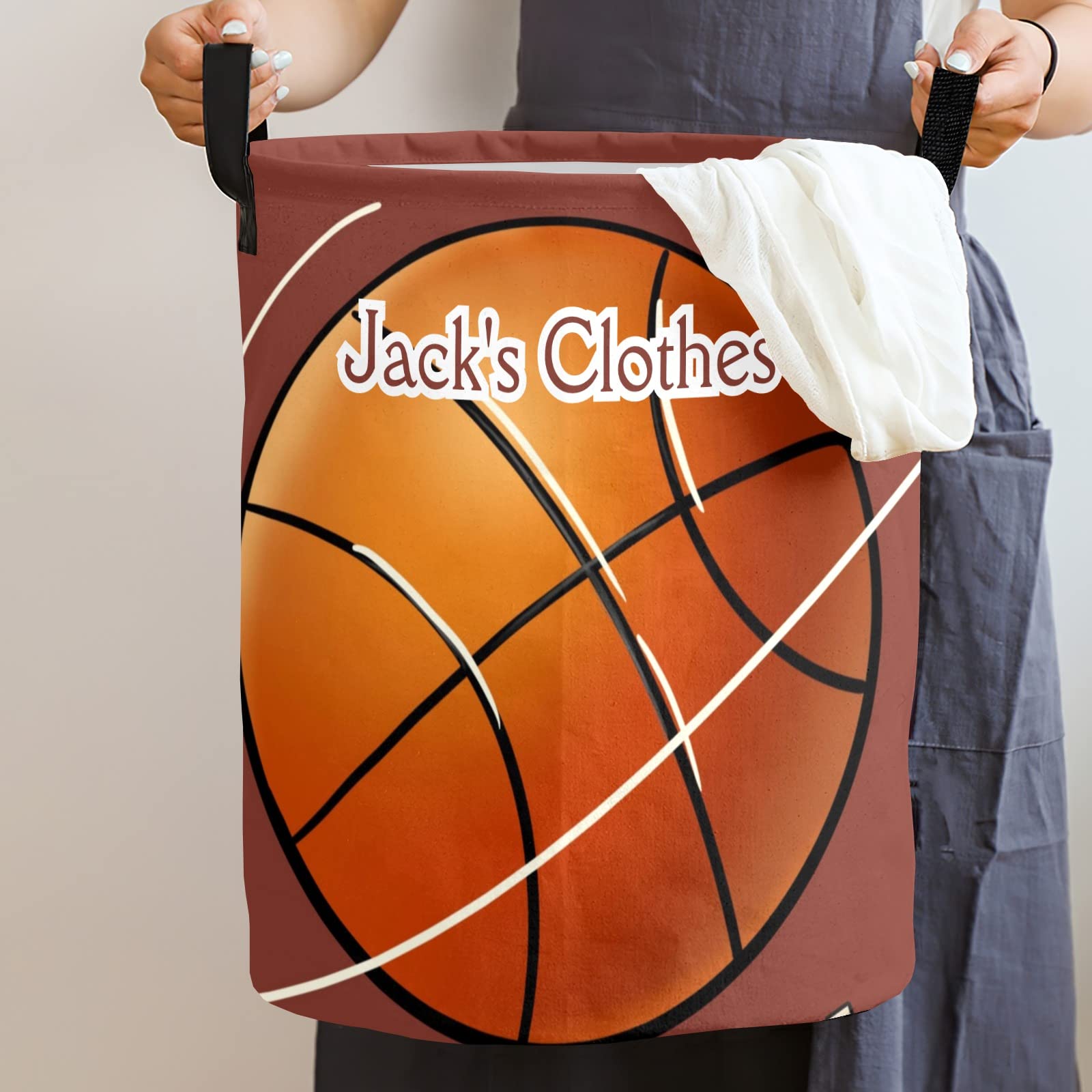 Grandkli Basketball Personalized Freestanding Laundry Hamper, Custom Waterproof Collapsible Drawstring Basket Storage Bins with Handle for Clothes, Toy, 50cm x 36cm