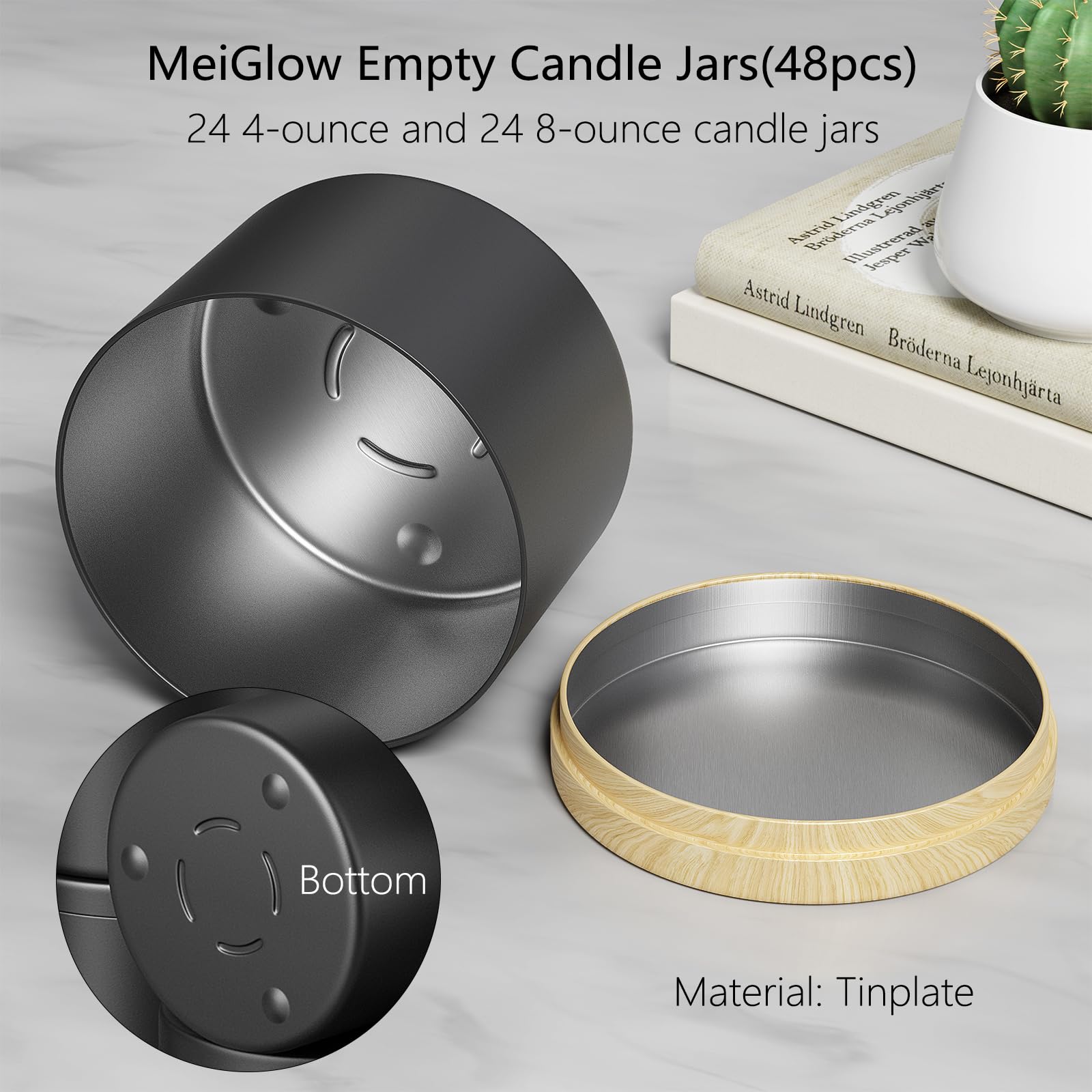 MeiGlow 48 barattoli vuoti per candele colorati, neri, 24 pezzi da 170 g e 24 pezzi da 85 g