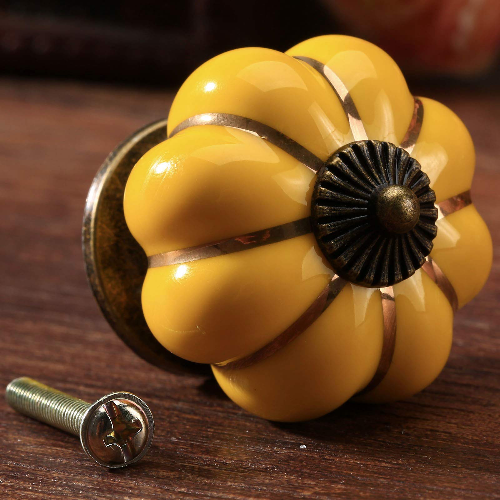 Mgoodoo Set of 2 Ceramic Pumpkin Design Drawer Knobs, Yellow, 2pcs - Image 3