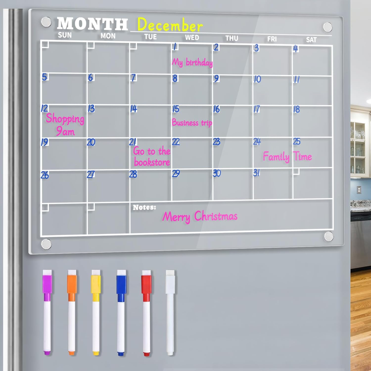 Acrylic Magnetic Fridge Calendar 16x12 Inches - Dry Erase Board With 6 Markers