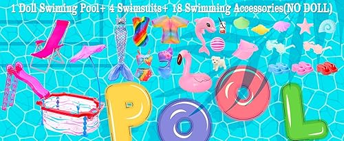 Miniatura 7 de ENOCHT Juego de 46 piezas de piscina para muñecas, piscina de muñecas con accesorios deslizantes, incluye traje de baño de sirena, sombrilla de