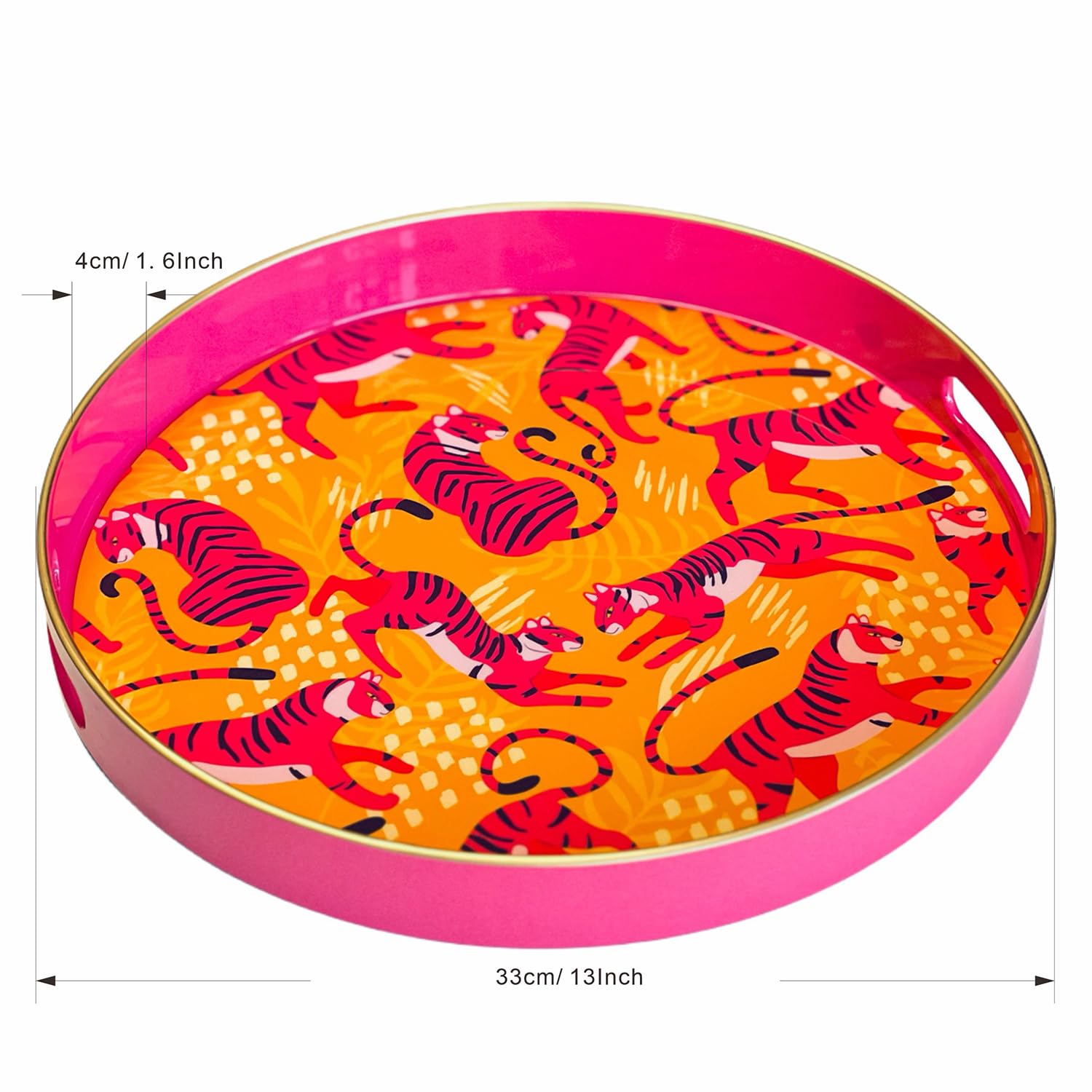Zosenley Round Decorative Tray Leopard Pattern, Marbling Plastic Tray with Handles, Modern Vanity Tray and Serving Tray for Ottoman, Coffee Table, Kitchen and Bathroom, Size 13 Inch (Orange)