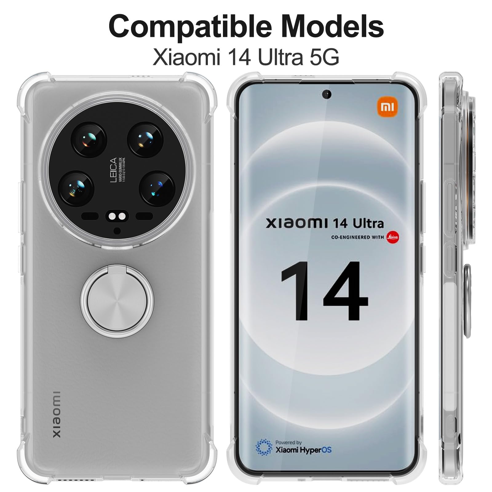 Cover Compatibile con Xiaomi 15 Ultra, Custodia Trasparente Silicone con Anello Ruotabile Cavalletto, Quattro Angoli Anti-Caduta Crystal Clear Case - Anello Nero