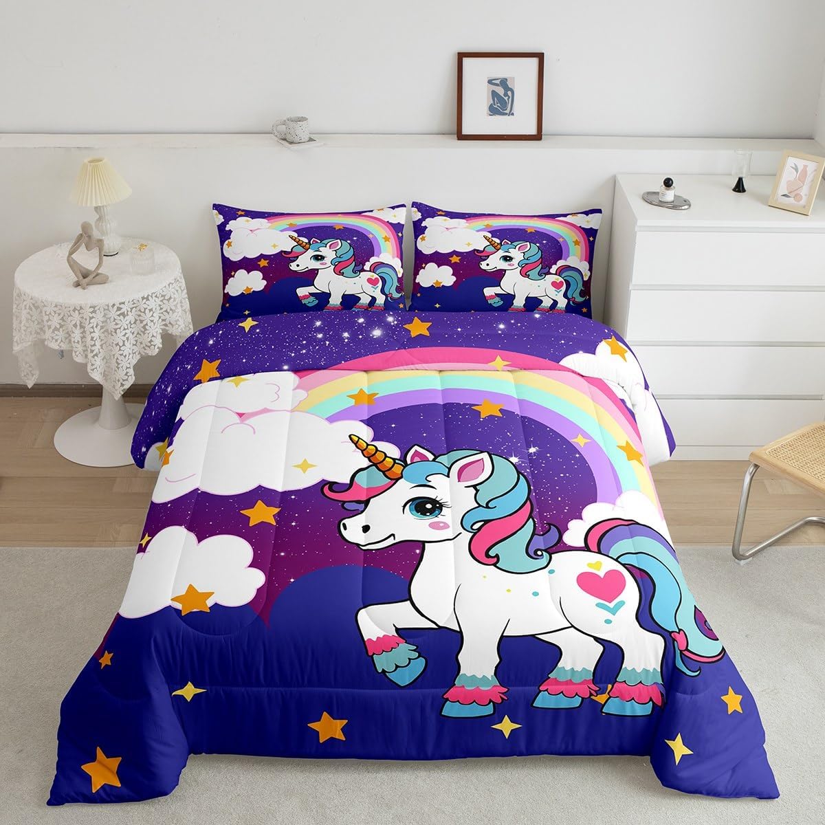 Feelyou Girls Unicorn Comforter Set Cute Rainbow Unicorn Twin Size Bedding Set for Kids Girls Galaxy Stars Fantasy Duvet Quilt Princess Girly Bedroom Decor