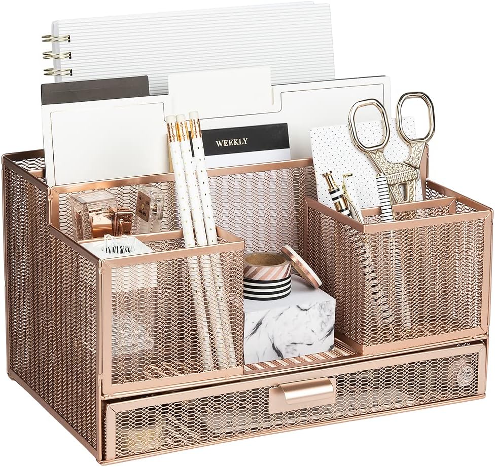 BLU MONACO | Rose Gold Desk Organizer with Sticky Note & File Holder | Metal Mesh Desktop Organizer with Large Drawer & 8 Compartments | Stylish Office, Vanity & Countertop Storage