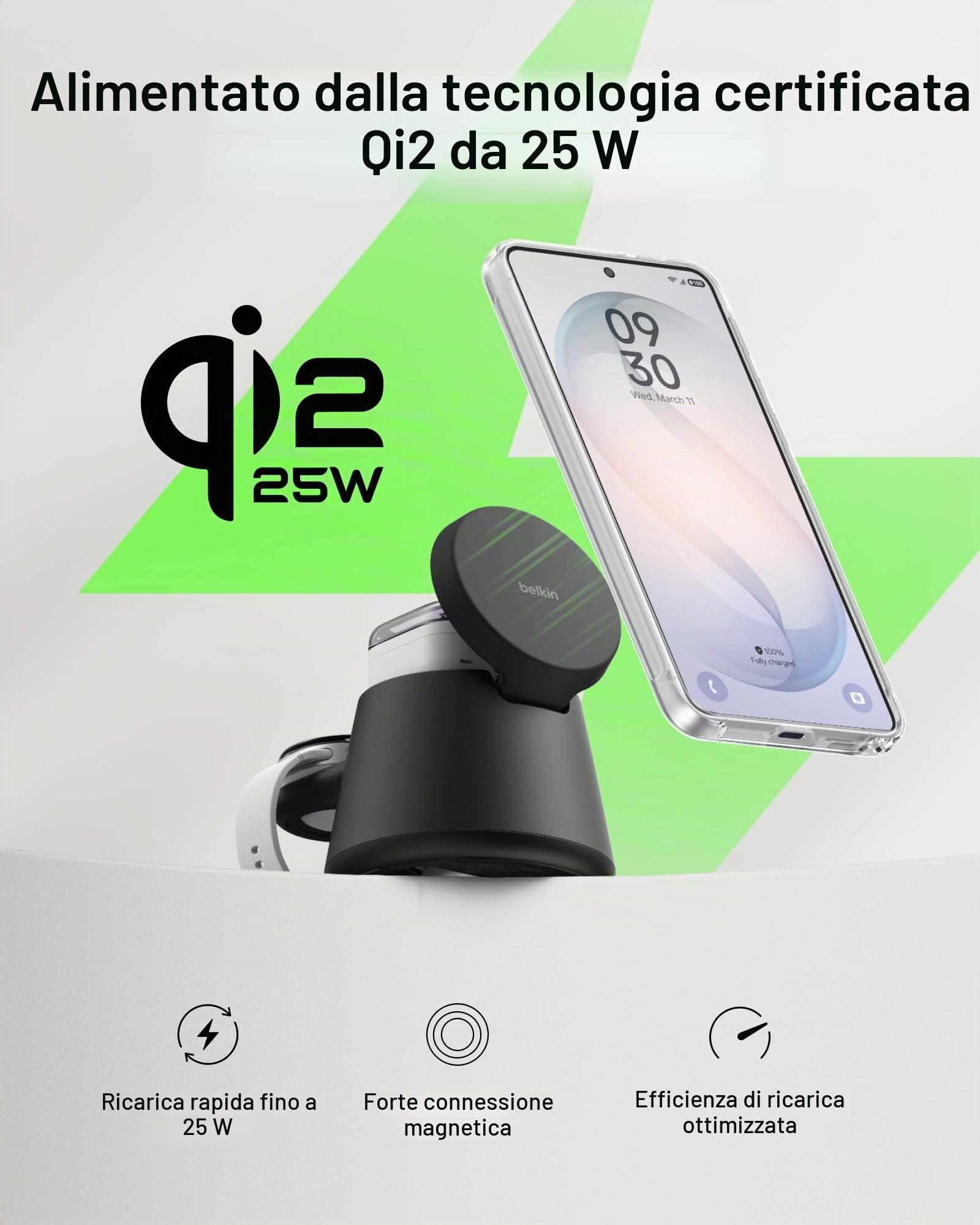 Belkin Stazione di ricarica wireless 3 in 1 per Samsung, Android, Qi2.2, caricatore magnetico da 25 W per Galaxy S26, Pixel 10, iPhone 17, porta USB C per Galaxy, Pixel e Apple Watch (caricatore per