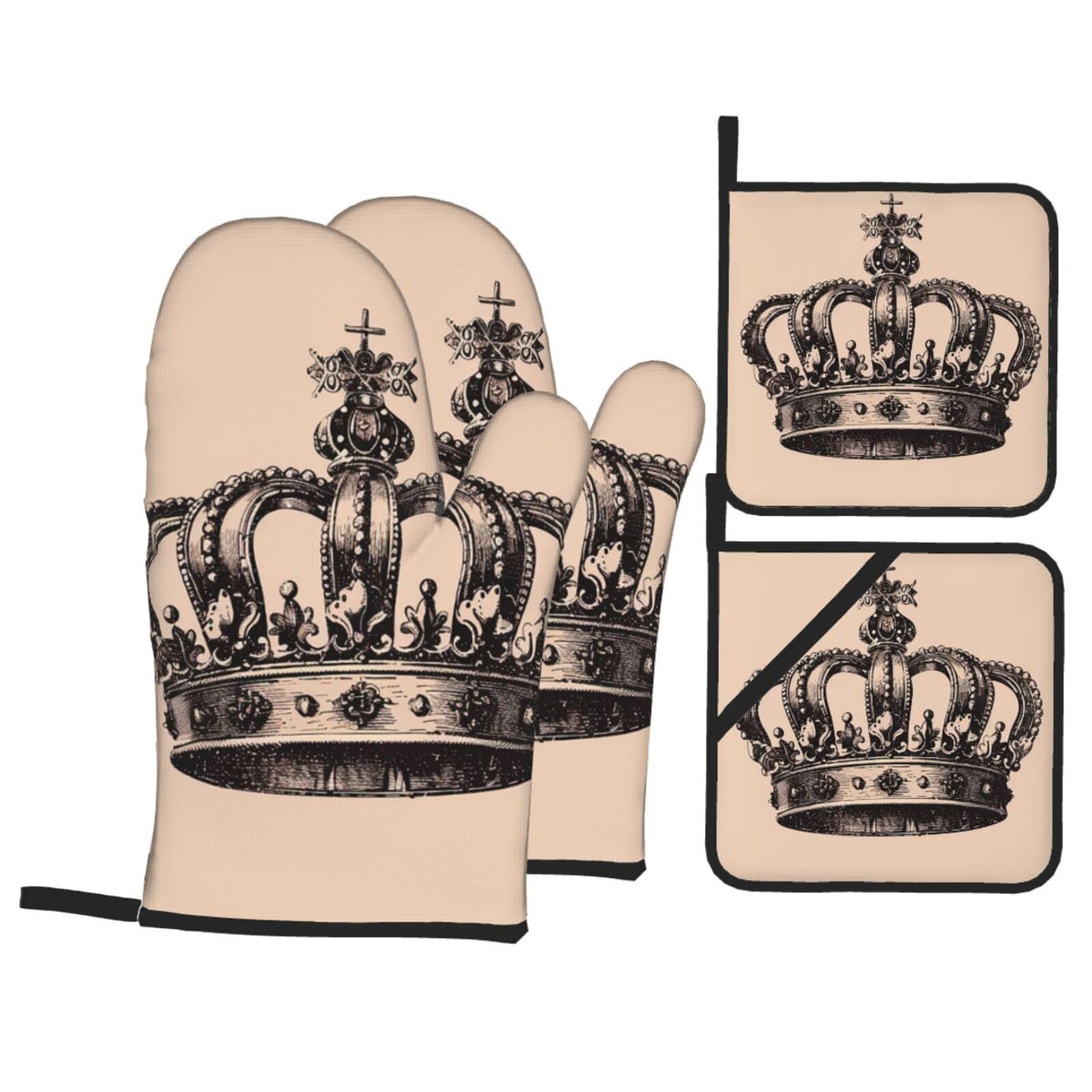 Oven Mitts and Pot Holders Set of 4 Heat Resistant Non-Slip Kitchen Gloves Hot Pads Hand Drawn Crown Oven Mitts Kitchen Mittens Gloves Non-Slip Potholders for Cooking Baking Grilling BBQ