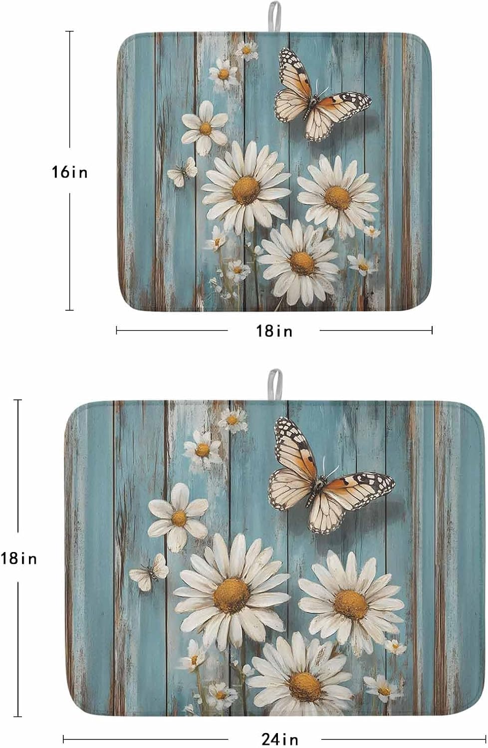 Dish Drying Mat Set of 2 Vintage Butterfly Daisy Microfiber Absorbent Reusable Washable Dish Drying Rack Mat Blue White Coffee Mat for Coffee Maker Bar Kitchen Countertops 16x18inch