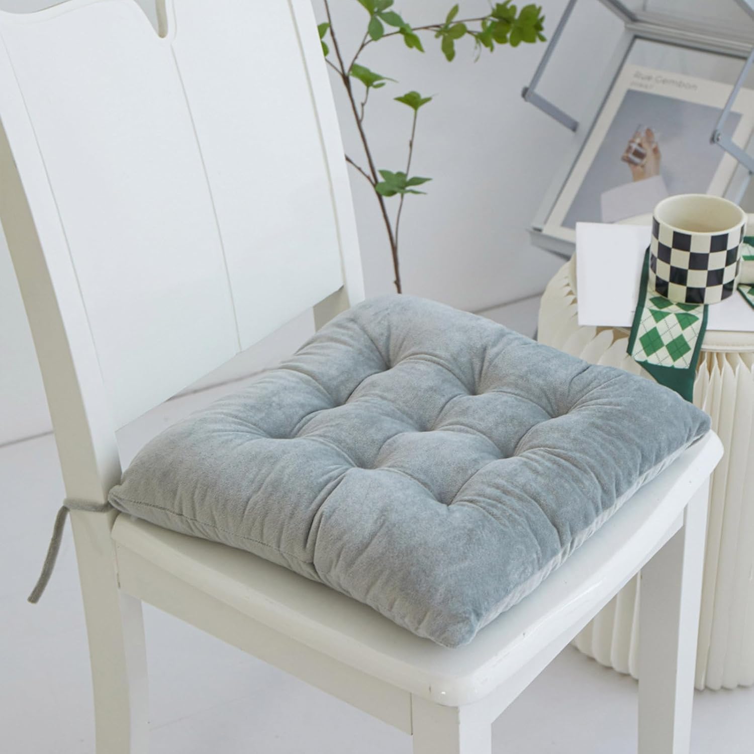 Seat Cushion for Chair, 15.74inch Seat Cushions for Office Chairs Comfortable Dining with Ties, Removable Non Slip Desk Chair Cushion for Kitchen, Memory Foam Seat Cushion for Indoor Seat,Gray