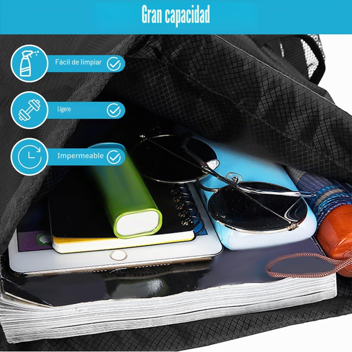 Mochila Deportiva con Cordón, Unisex, Gran Capacidad, Impermeable | Con Compartimentos, Ajustable, Para Deporte, Escolar, Gimnasio, Casual, Viaje, Playa