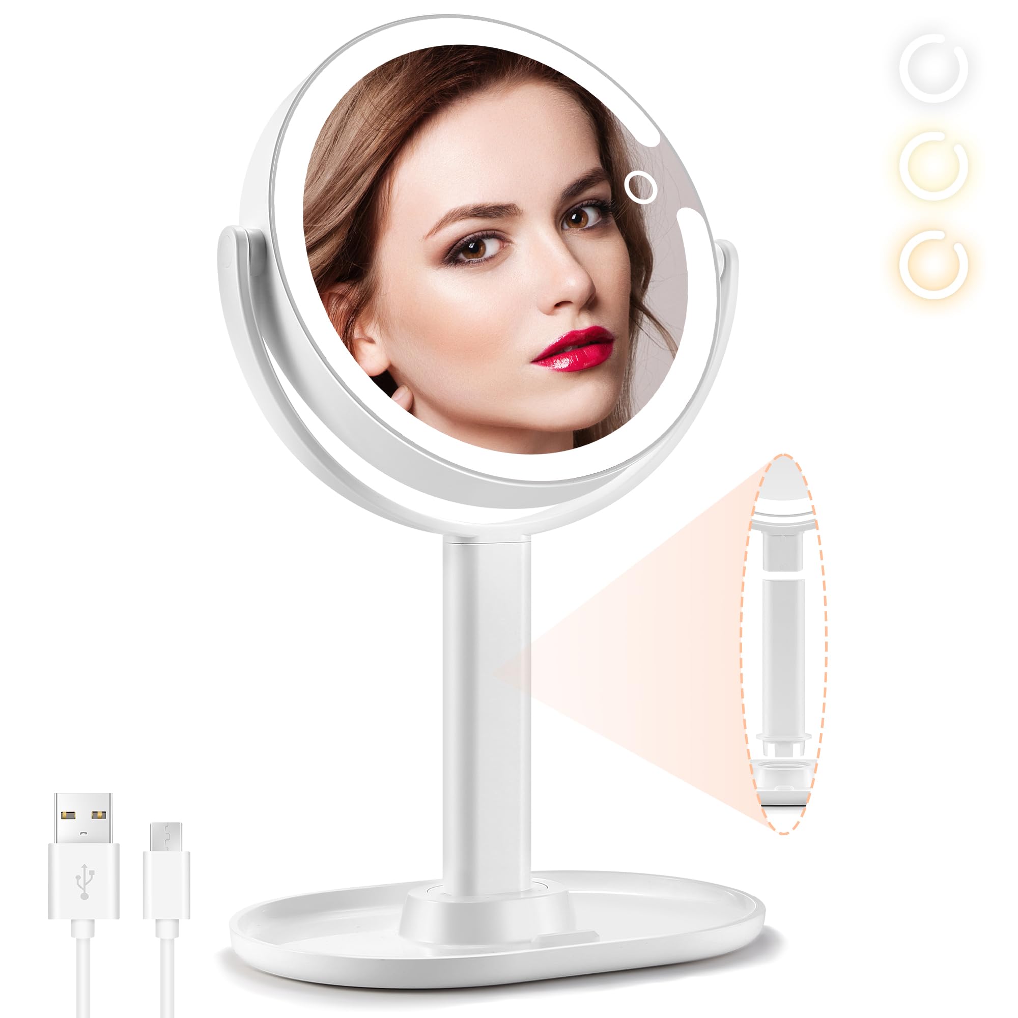 (incomplete) MOMOKUBA Lighted Makeup Mirror with Magnification 8",20x Magnifying Mirror with Light,Travel Lighted Magnifying Mirror Tabletop,LED Light Up Makeup Mirror Rechargeable 3 Color Double Sided with Stand