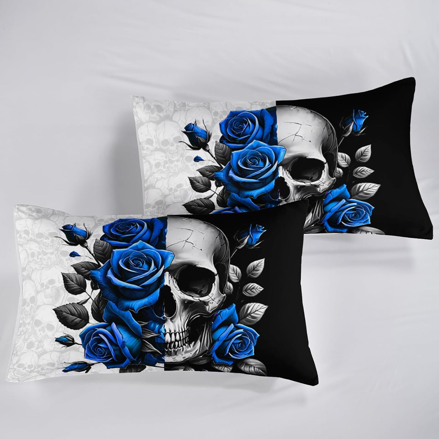 QOOMO Sugar Skull Kids Bed Sheets Queen Size,Blue Roses Print Bedding Sheet Set,4Pcs Skeleton Deep Pocket Bed Sets with 1 Fitted Sheet 1 Flat Sheet 2 Pillowcases for Boys Girls Teens