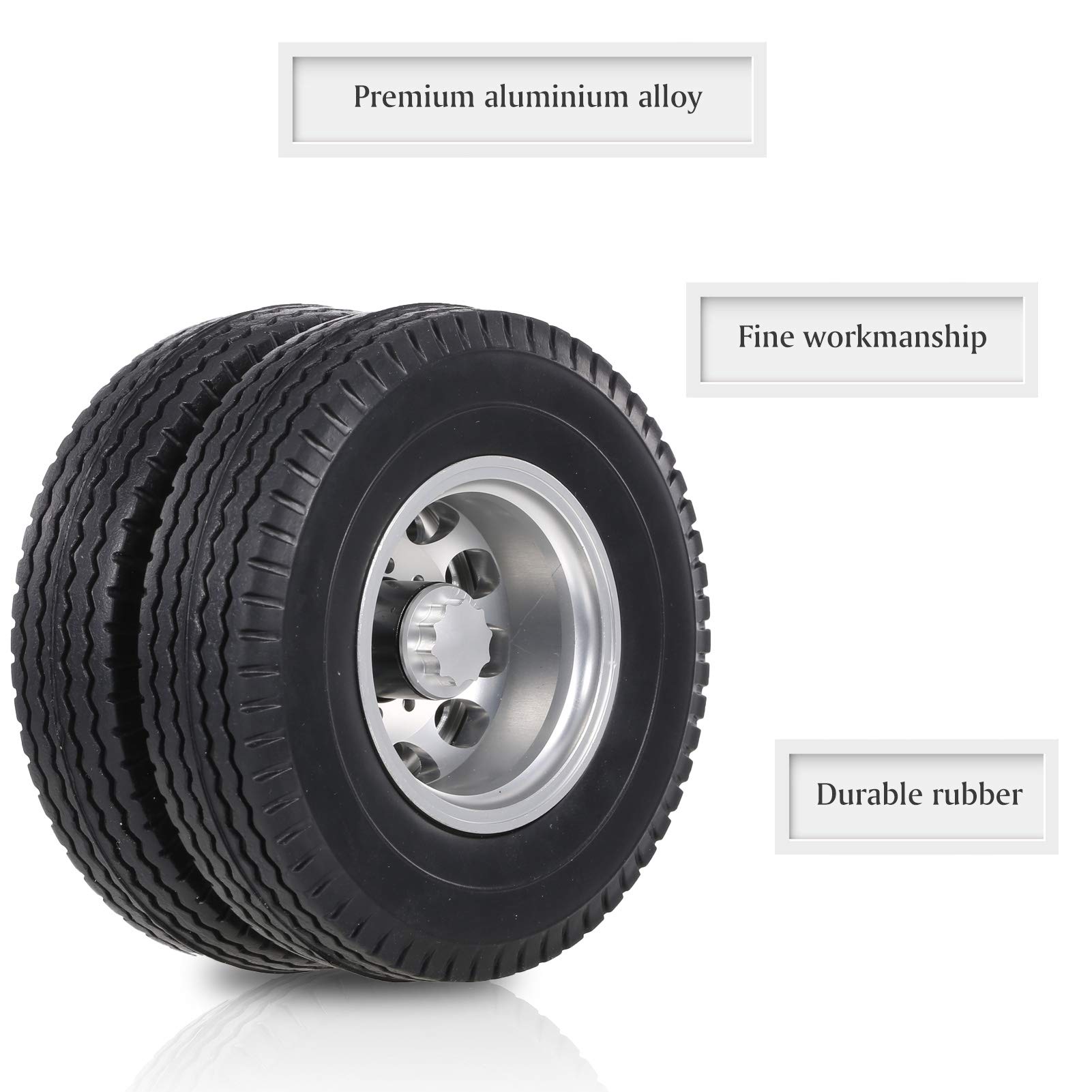 KOCAN – 6 Pneus Pour Camion Tracteur 1/14 RC – Alliage Aluminium + Caoutchouc – Avant 20 Mm / Arrière 45 Mm – Diamètre 85 Mm – Hex 12 Mm – Jeu Complet