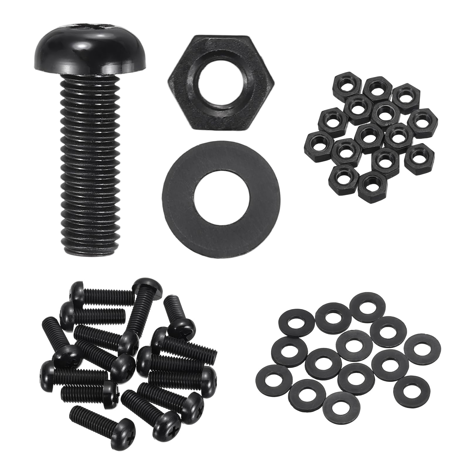 sourcing map 15 Set M8x25mm Nylon PA66 Plastic Cross Round Head Screw Phillips Bolts Hex Nuts Flat Washers Assortment Kit, Metric Full Thread Bolt Fasteners for DIY Machine Assembly, Black — image 1