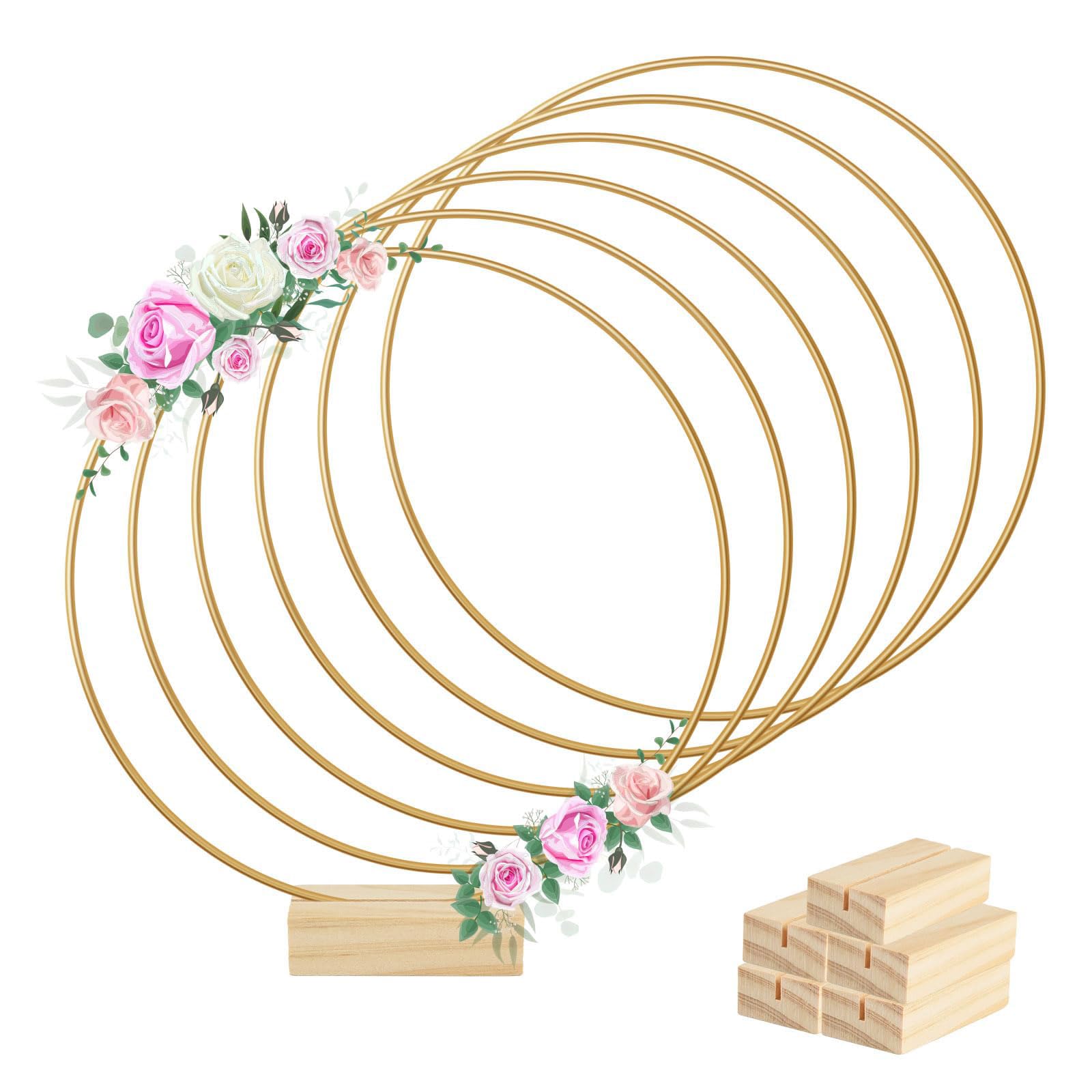 Set di 6 centrotavola con Cerchi Dorati e Supporti in Legno, Anelli Floreali in Metallo per Decorazioni di Matrimoni e tavoli, macramè, ghirlande e Decorazioni murali (Dimensioni:
