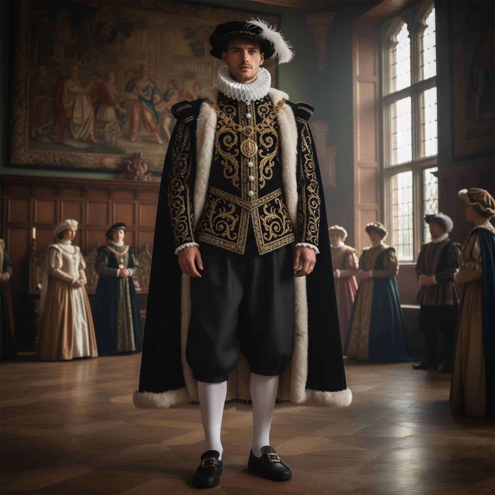 BPURB Pantaloni coloniali da uomo con calzini bianchi al ginocchio e fibbia per scarpe d'oro Costume medievale da pirata Cosplay Pantaloni rinascimentali