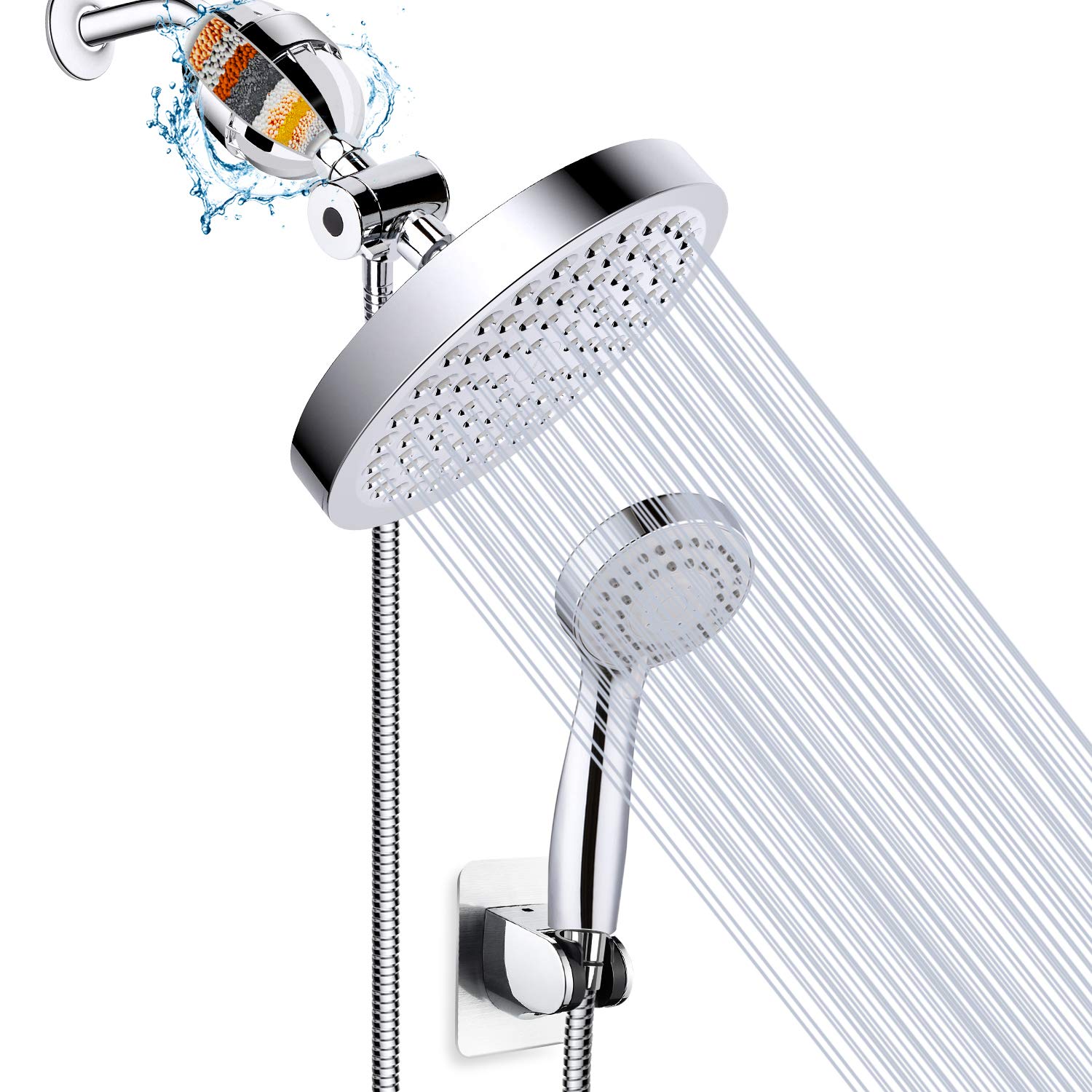 Soffione doccia filtrato con doccetta, soffione doccia ad alta pressione | Filtro per acqua dura, rimuove cloro e impurità, tubo flessibile da 152 cm, supporto regolabile, finitura cromata (argento)