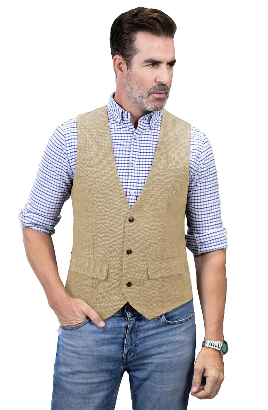 Męska kamizelka w jodełkę, wełniana, tweedowa, dekolt w serek, slim fit, sukienka z 3 kieszeniami, kamizelka na ślub, studniówkę, do biznesu