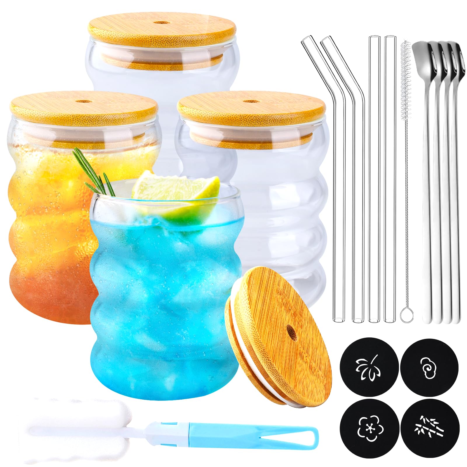 Set di 4 Bicchieri a Coste (350ml) in Vetro con Cannucce, Coperchio e Cucchiaio - Tazzine per Caffè, Cocktail, Latte, Acqua