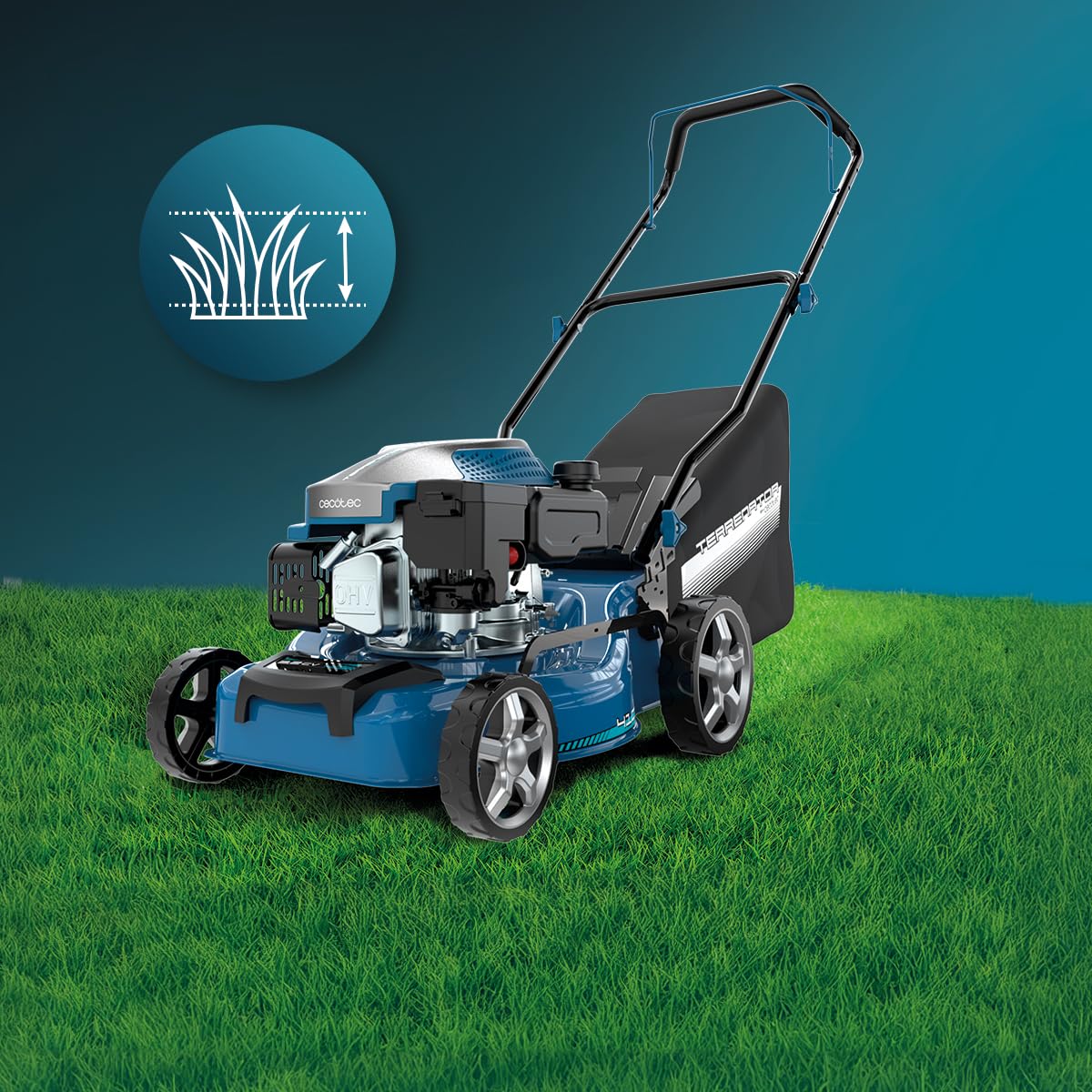 Cecotec Kosiarka benzynowa 144cc Terrenator 2700.41 Plus Total Z | Szerokość cięcia 41 cm, stalowy korpus, zmiana wysokości systemu Z-Tech, 3w1 z mulczowaniem, tylne koła XL