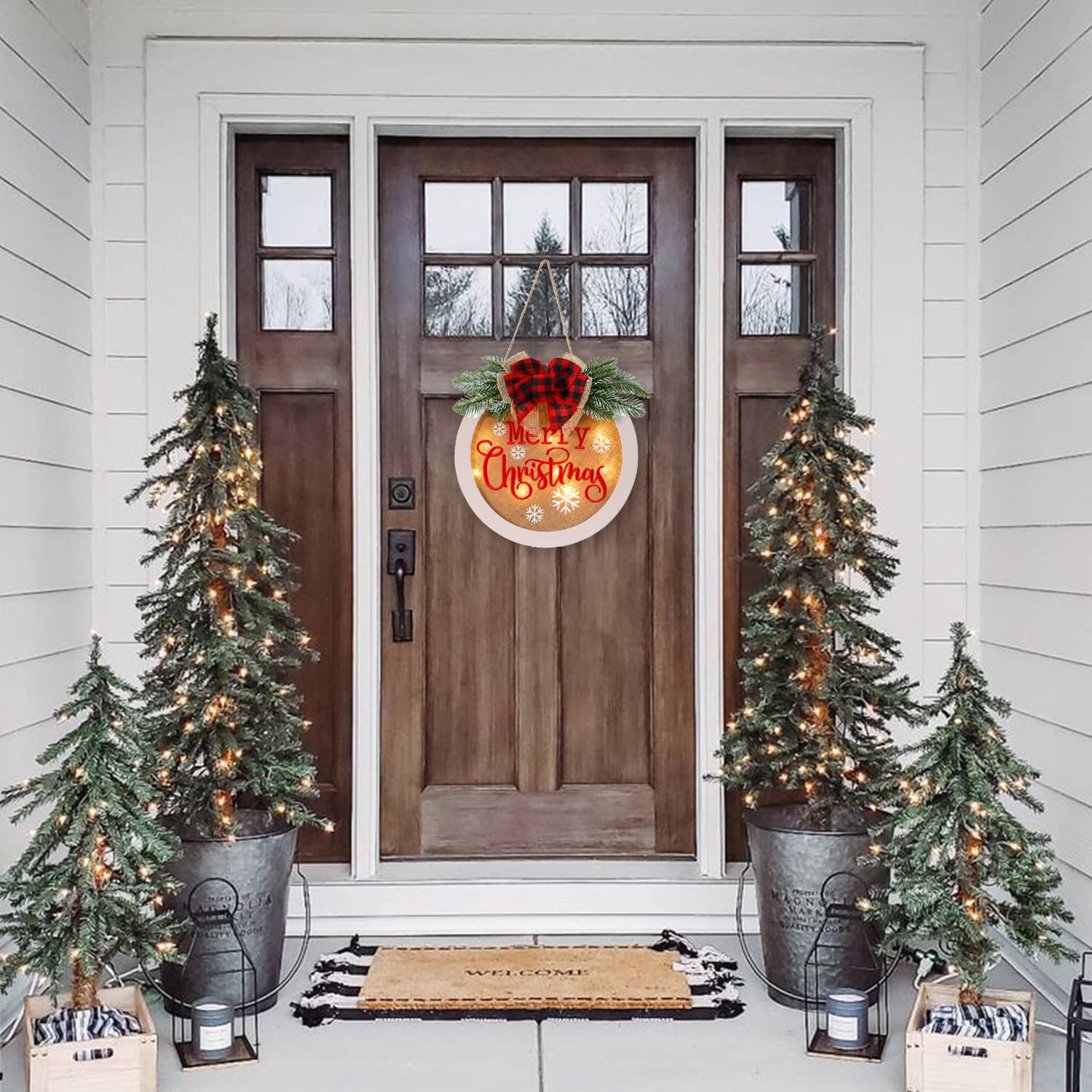 HOMCDALY Letrero de bienvenida de Feliz Navidad para puerta delantera, corona de Navidad de invierno con luz, decoración de puerta de granja, letrero colgante de madera, decoración de Navidad