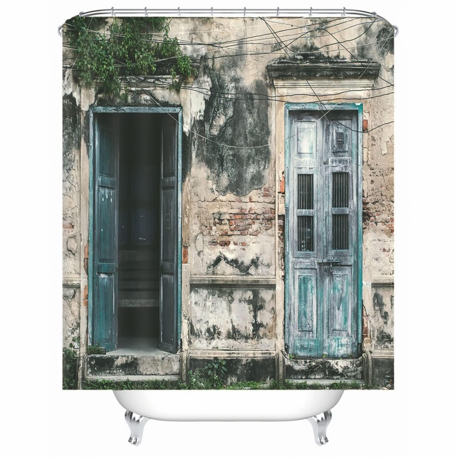 Rideau de douche textile marron motif maison délabrée rideau de bain lavable avec anneaux